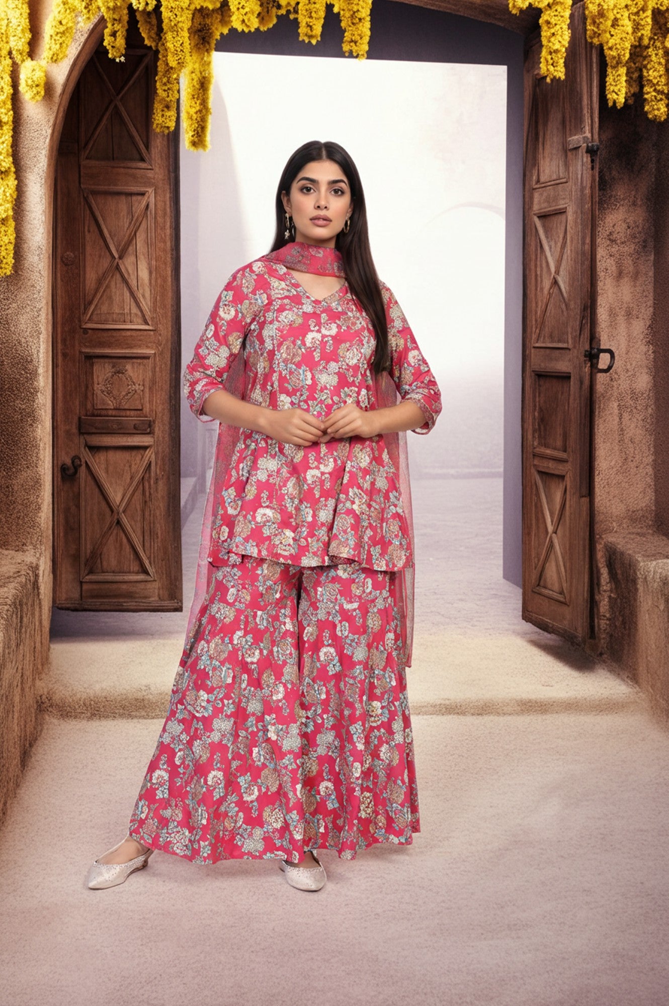 Pink Floral Printed Lace Trim Flared Rayon Kurta with Sharara and Dupatta Set