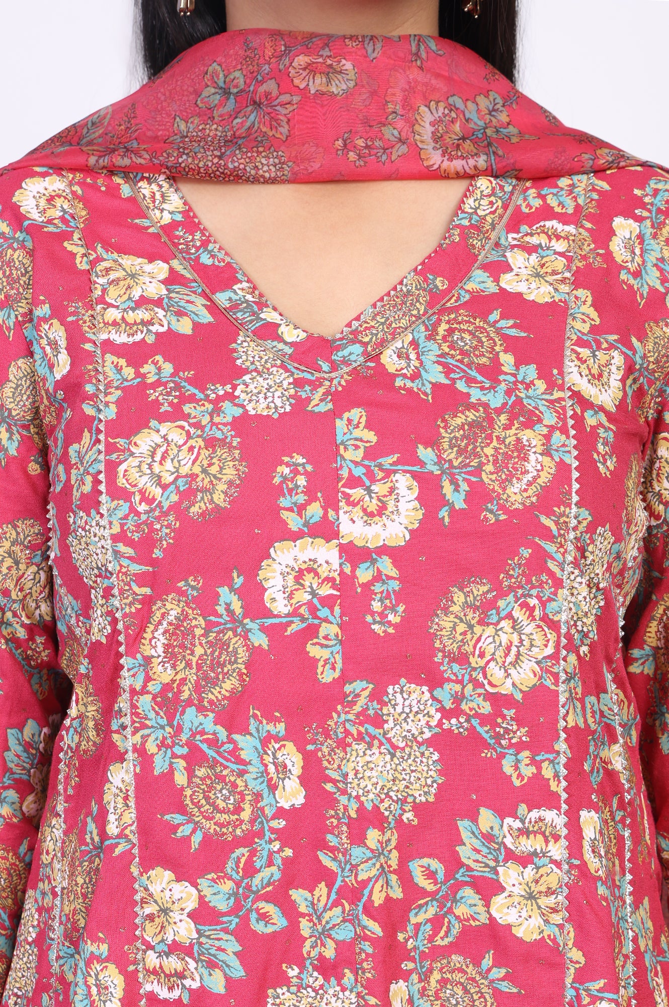 Pink Floral Printed Lace Trim Flared Rayon Kurta with Sharara and Dupatta Set
