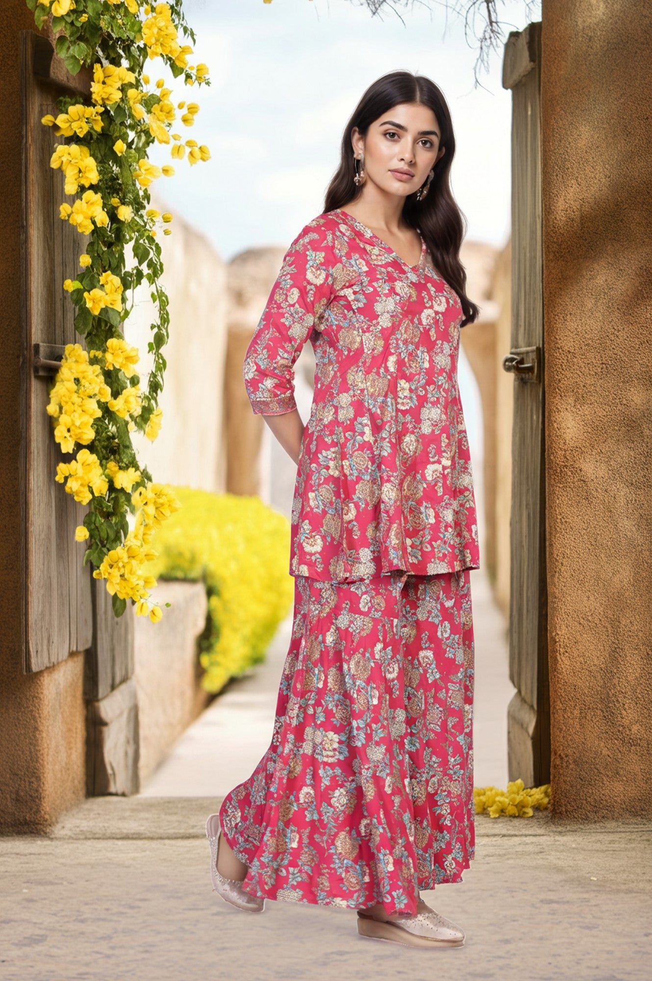 Pink Floral Printed Lace Trim Flared Rayon Kurta with Sharara and Dupatta Set
