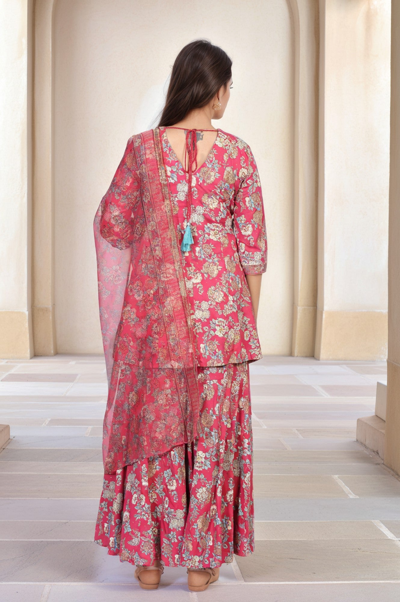 Pink Floral Printed Lace Trim Flared Rayon Kurta with Sharara and Dupatta Set