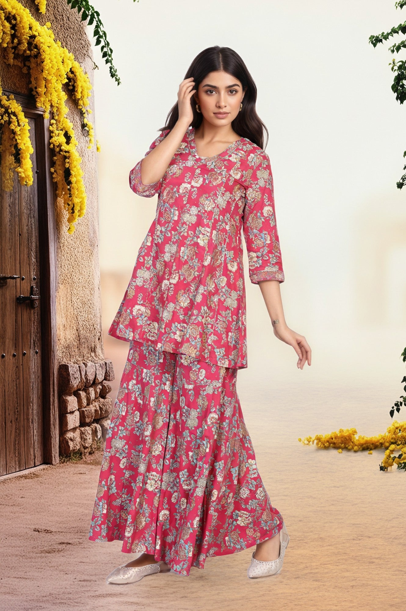 Pink Floral Printed Lace Trim Flared Rayon Kurta with Sharara and Dupatta Set