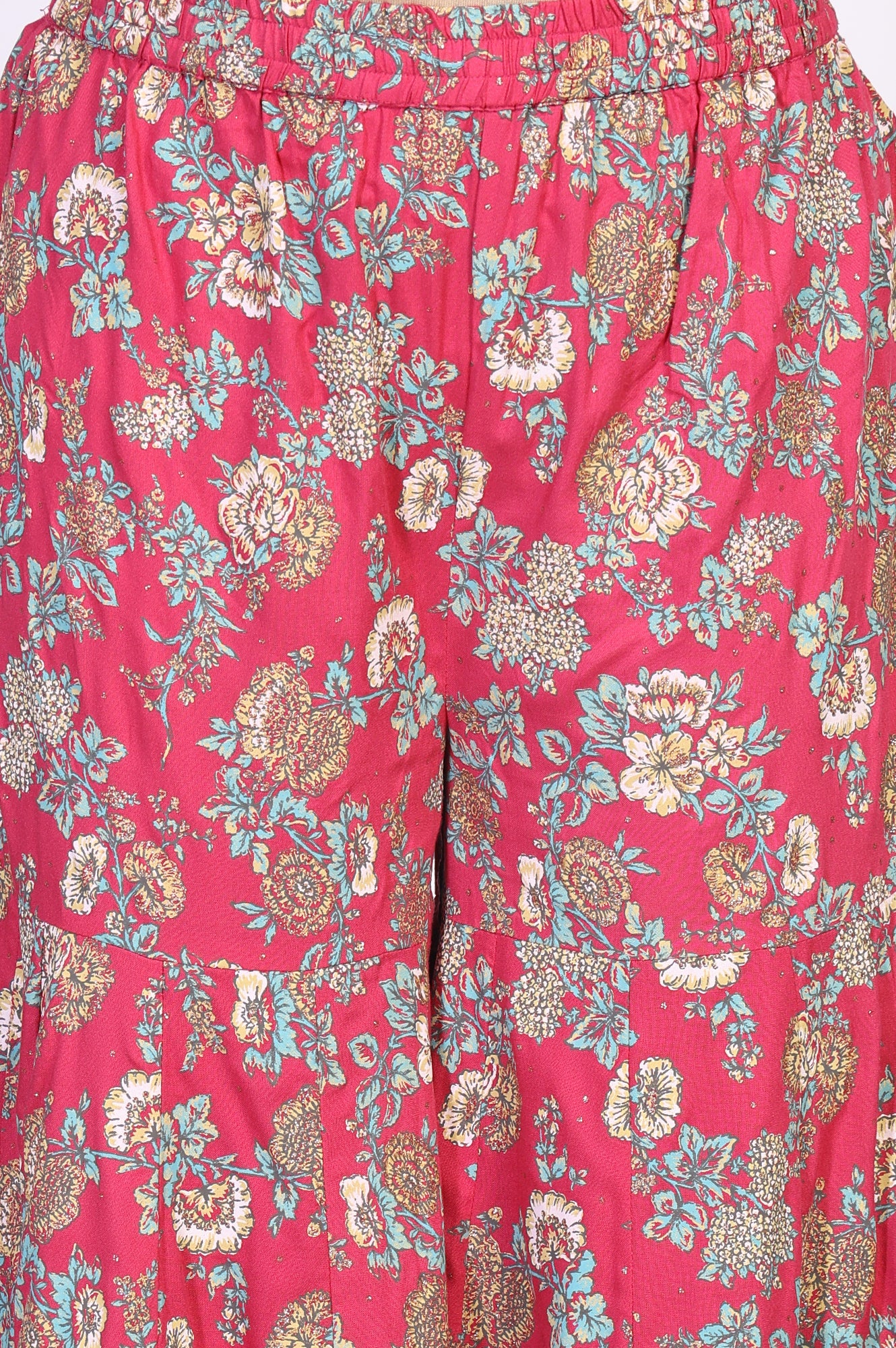 Pink Floral Printed Lace Trim Flared Rayon Kurta with Sharara and Dupatta Set
