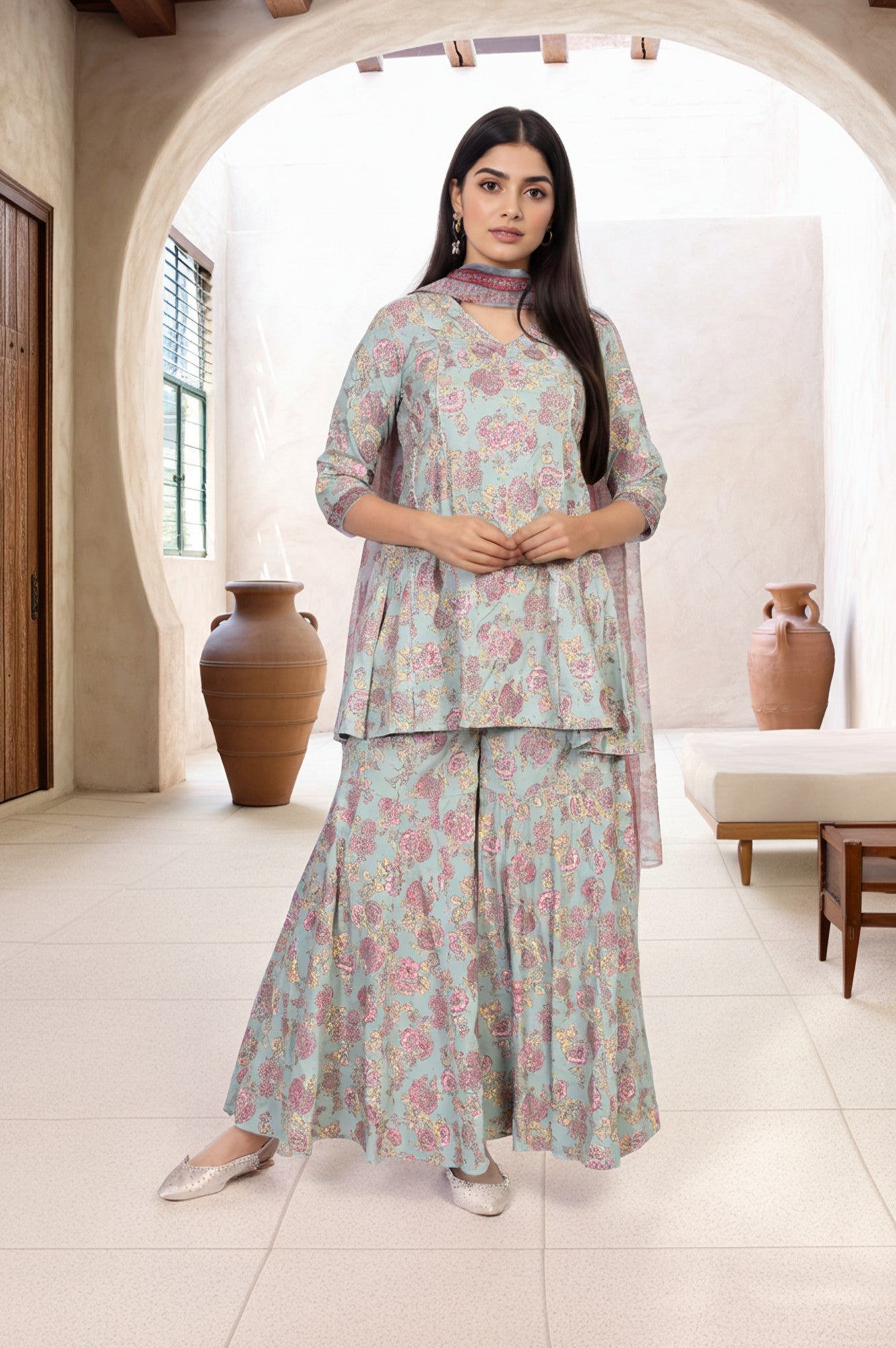 Light Green Floral Printed Lace Trim Peplum Rayon Kurta with Sharara and Dupatta Set