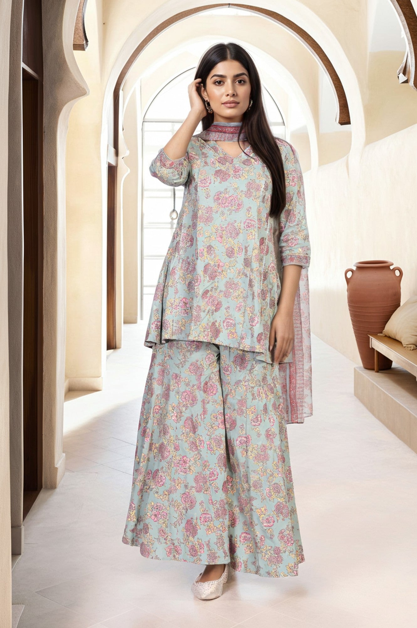 Light Green Floral Printed Lace Trim Peplum Rayon Kurta with Sharara and Dupatta Set
