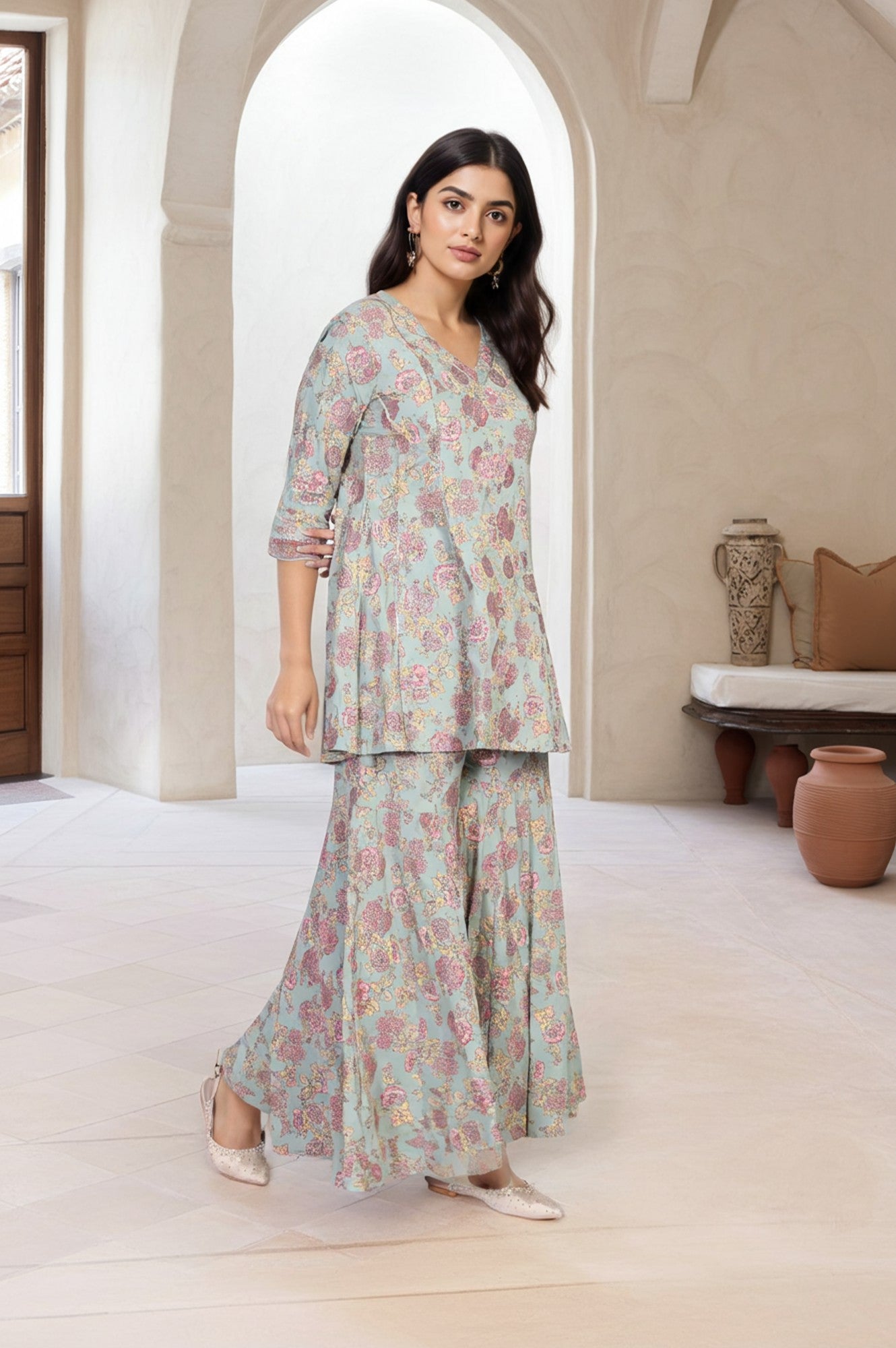 Light Green Floral Printed Lace Trim Peplum Rayon Kurta with Sharara and Dupatta Set