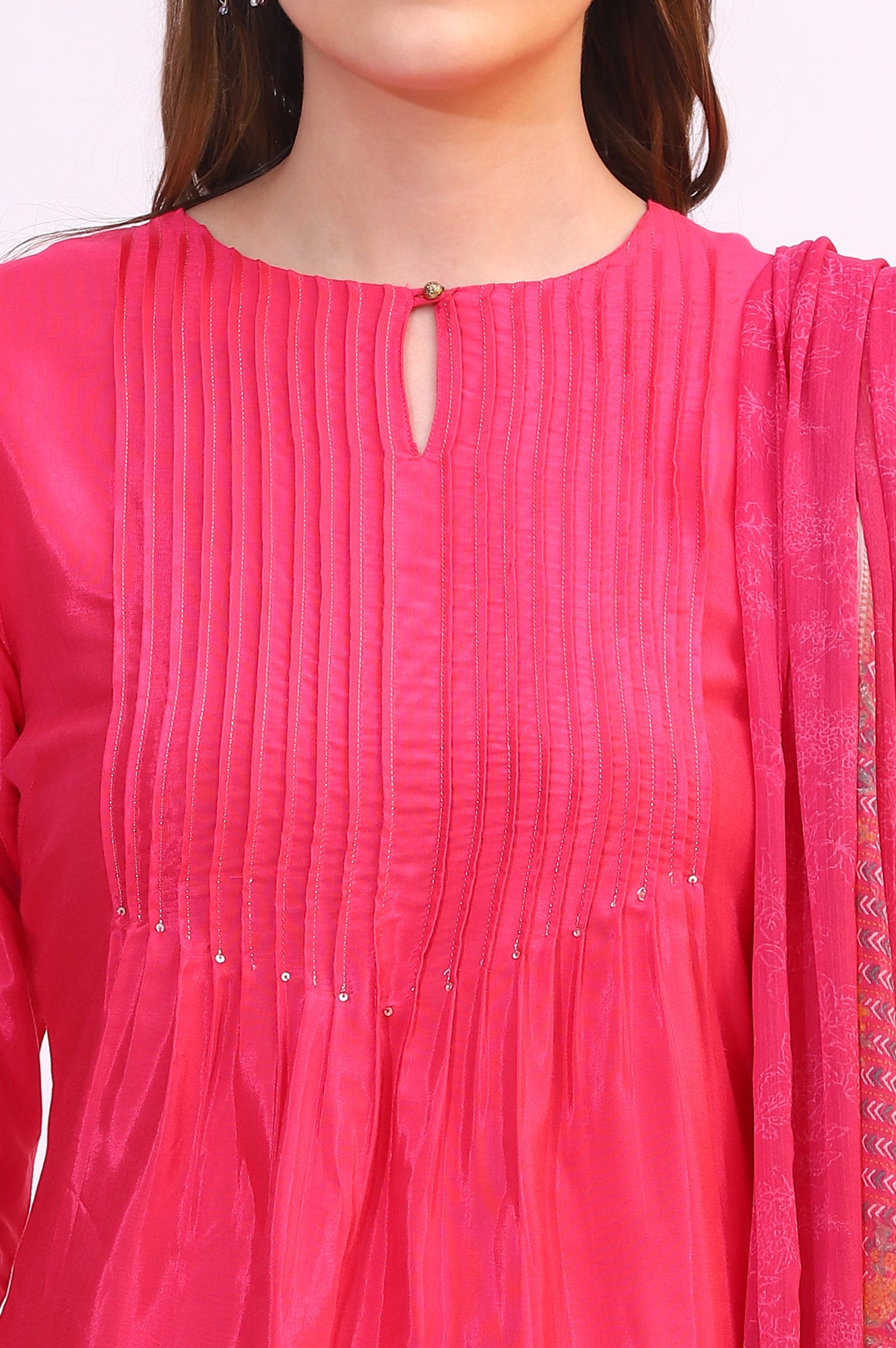 Pink Embroidered Shantung Kurta, Pants and Dupatta Set