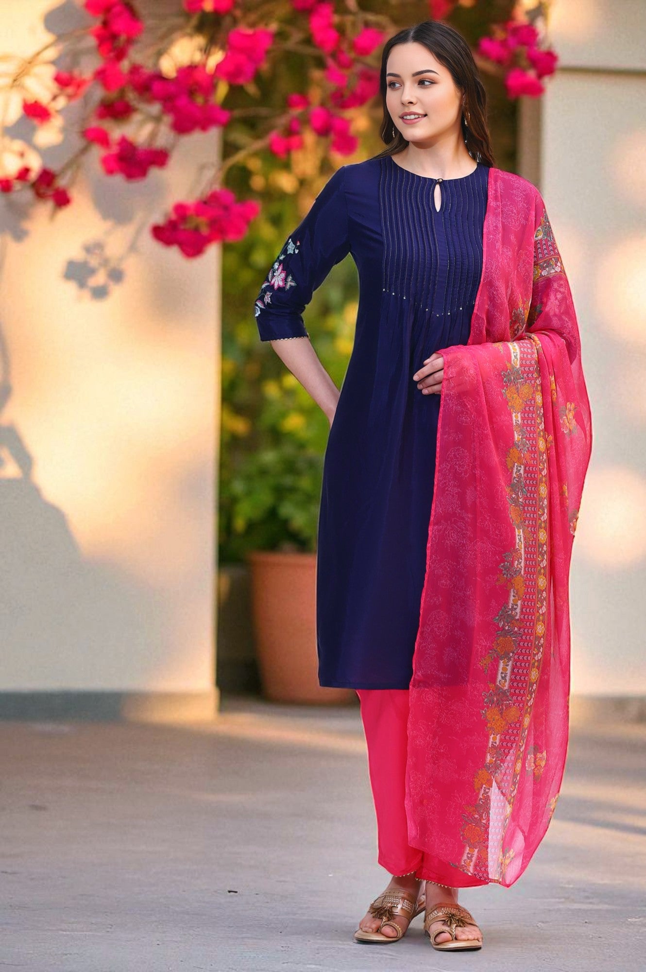 Navy Blue Embroidered Shantung Kurta, Pants and Dupatta Set