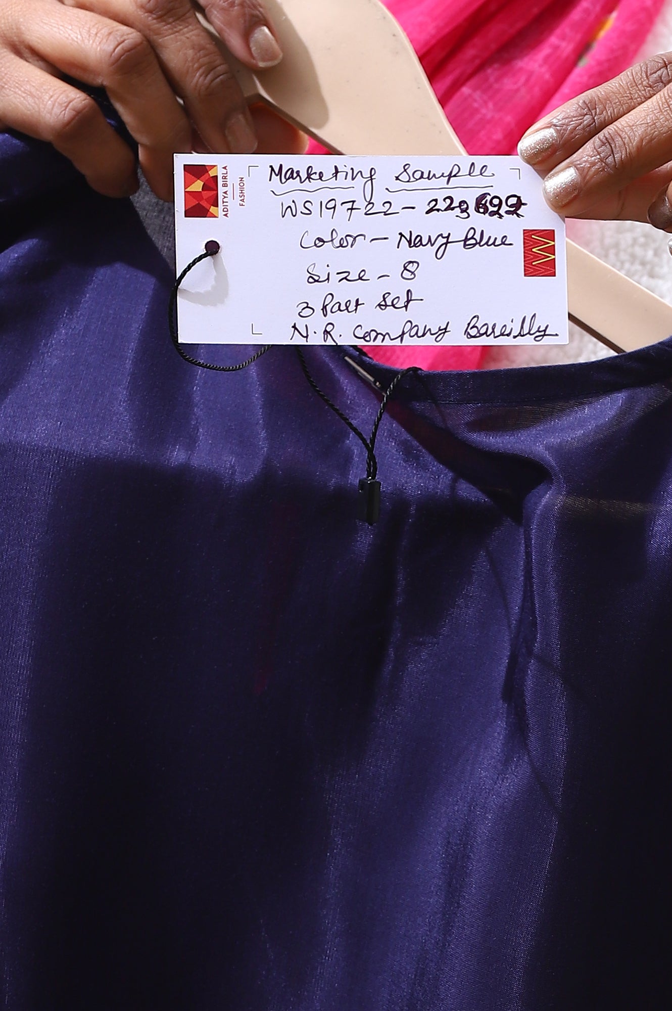 Navy Blue Embroidered Shantung Kurta, Pants and Dupatta Set