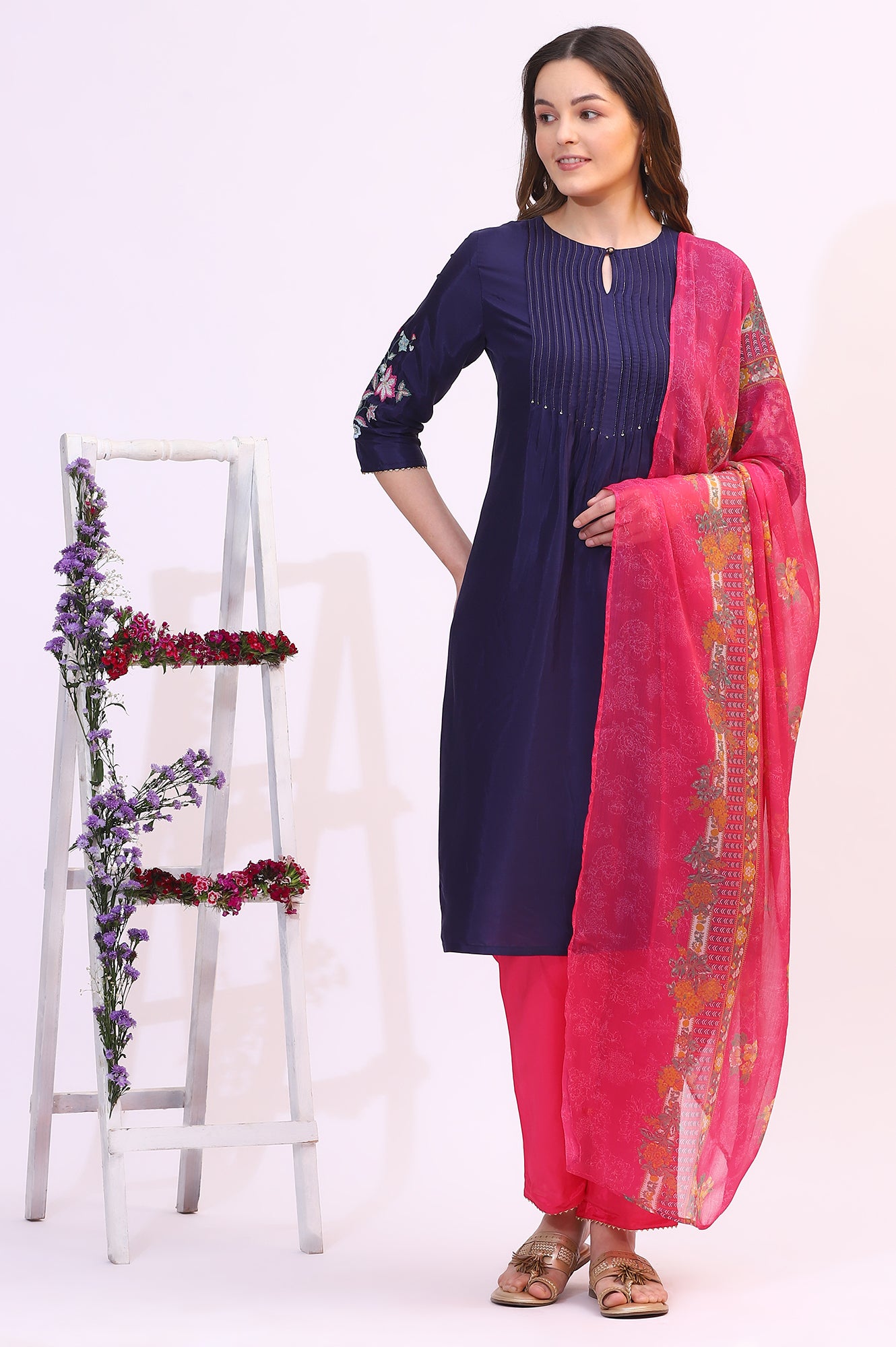 Navy Blue Embroidered Shantung Kurta, Pants and Dupatta Set