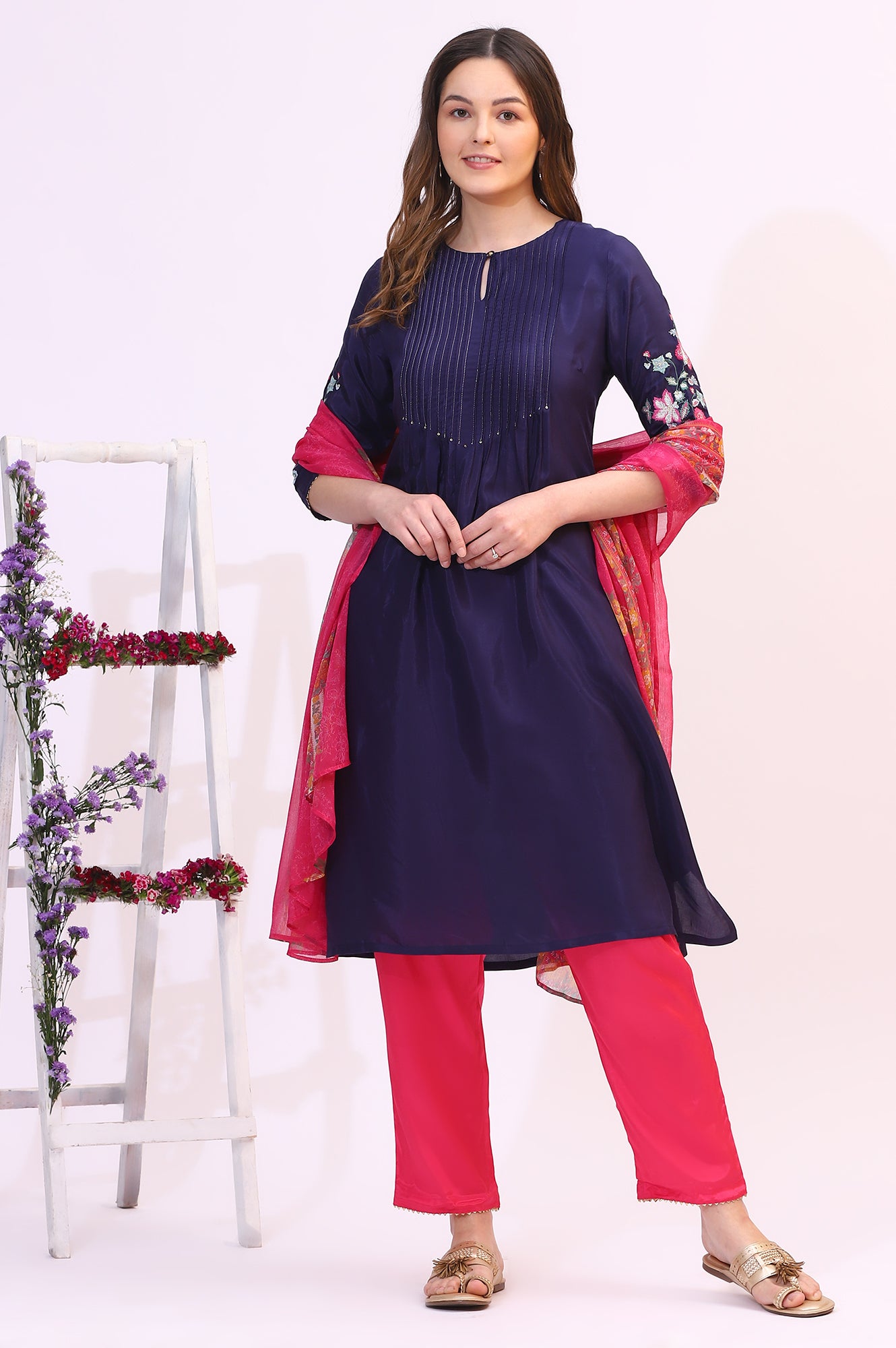 Navy Blue Embroidered Shantung Kurta, Pants and Dupatta Set