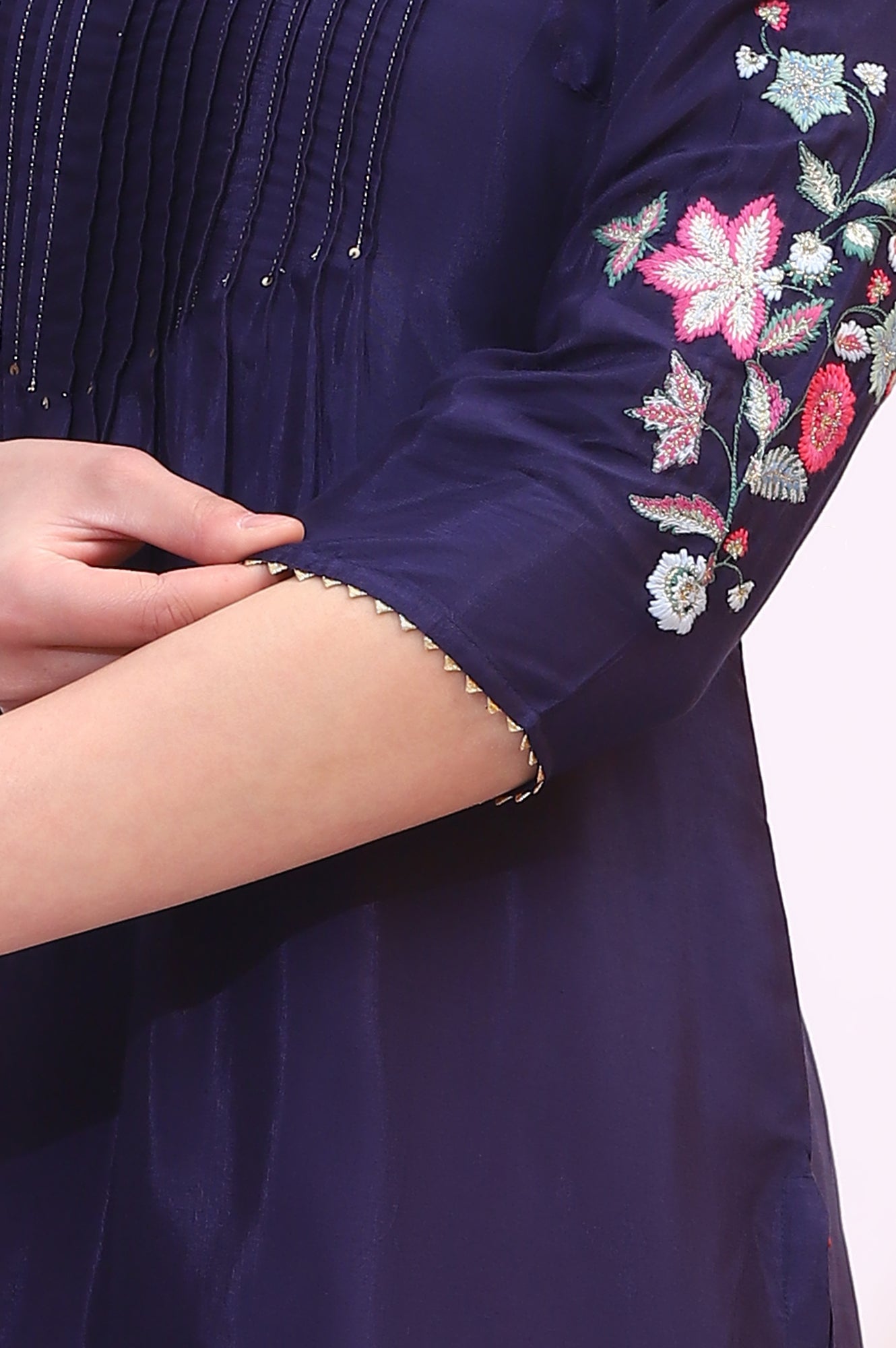 Navy Blue Embroidered Shantung Kurta, Pants and Dupatta Set