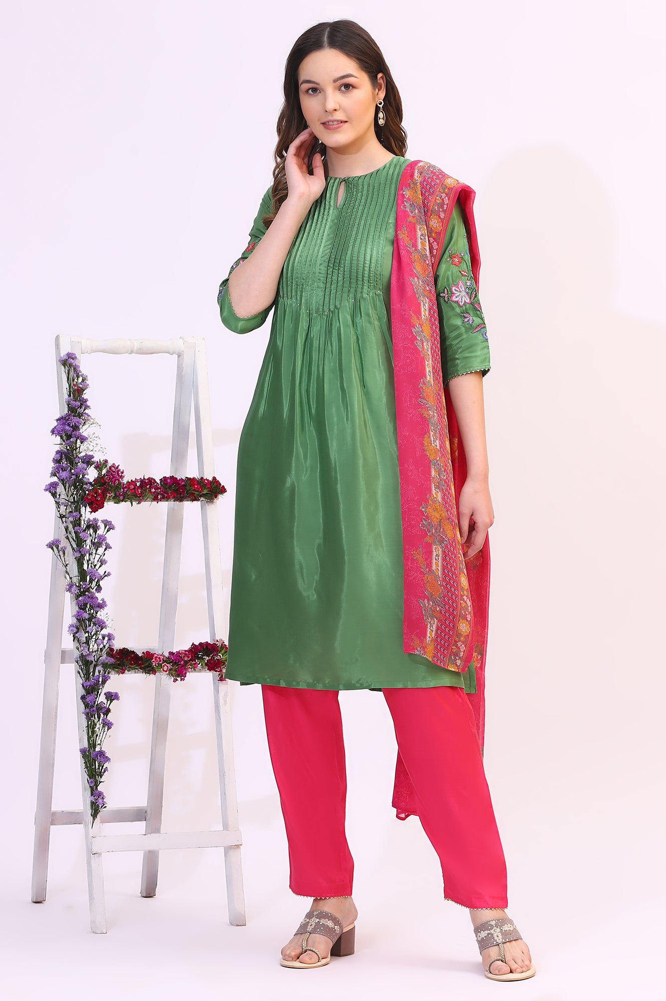 Forest Green Embroidered Shantung Kurta, Pants and Dupatta Set