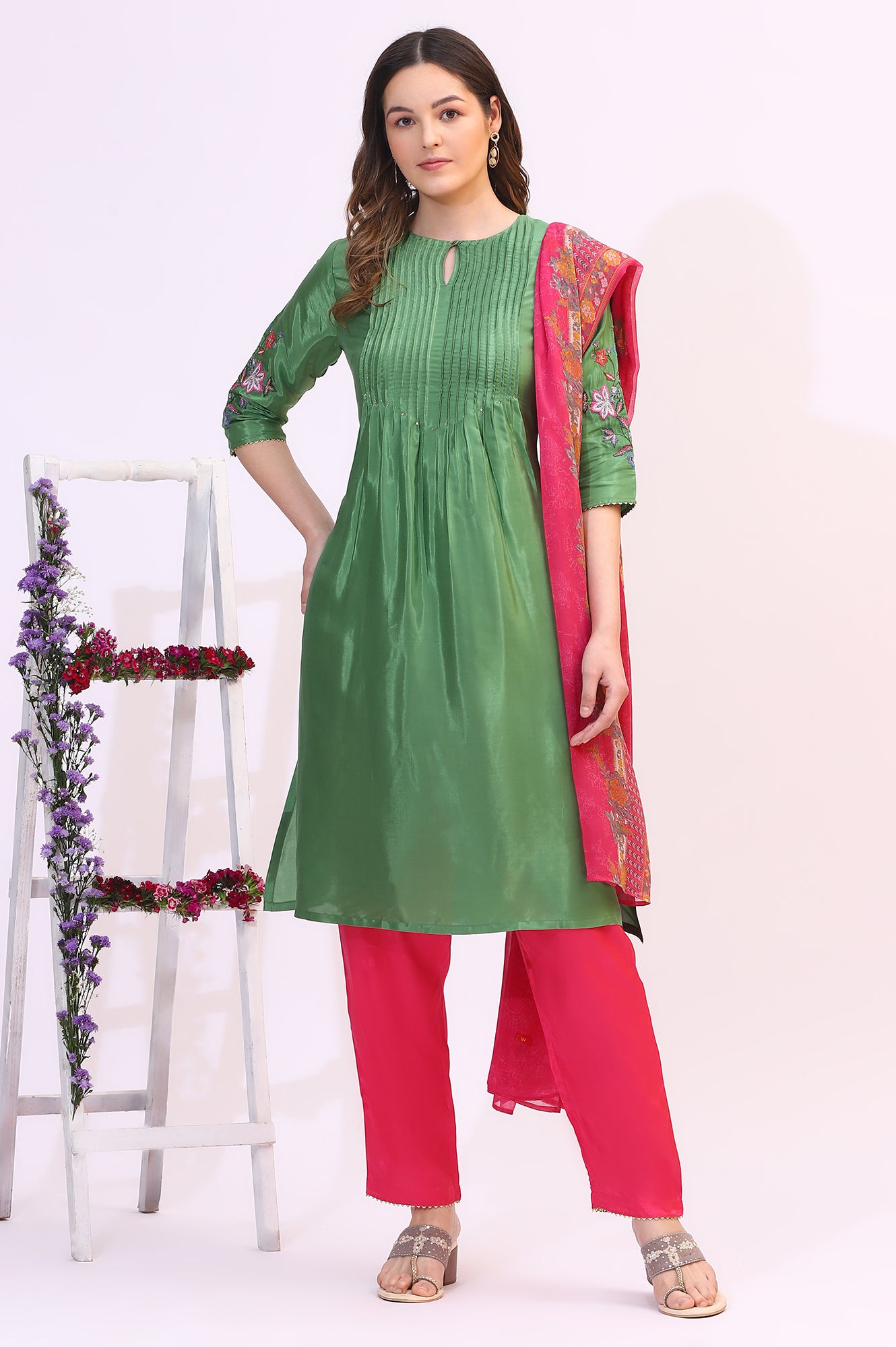 Forest Green Embroidered Shantung Kurta, Pants and Dupatta Set