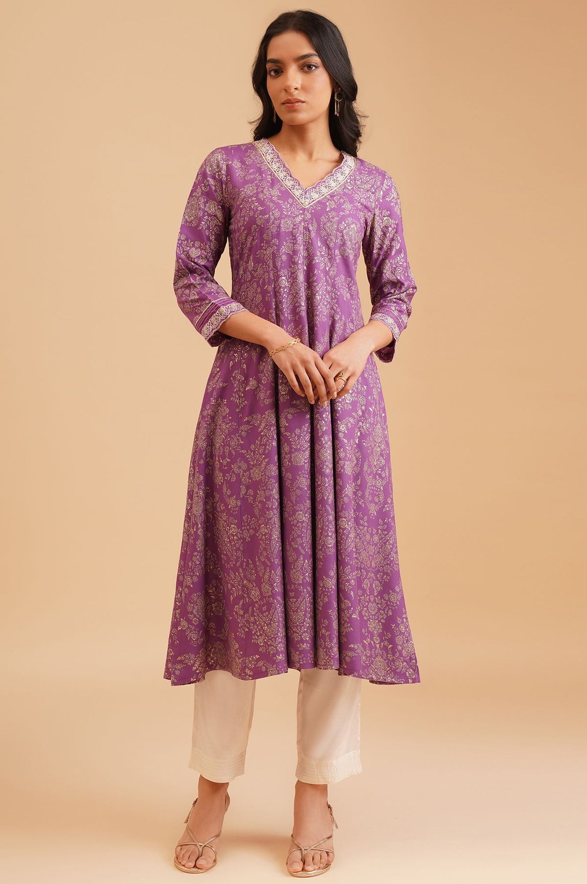 Purple Floral Printed Thread Embroidered Rayon A-line Kurta with Straight Pants Set