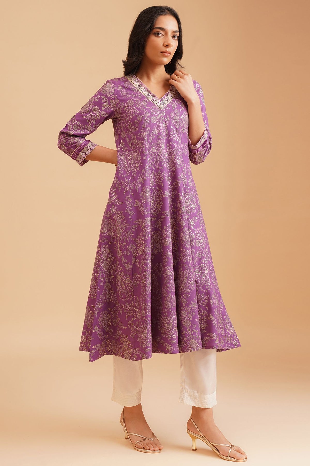 Purple Floral Printed Thread Embroidered Rayon A-line Kurta with Straight Pants Set