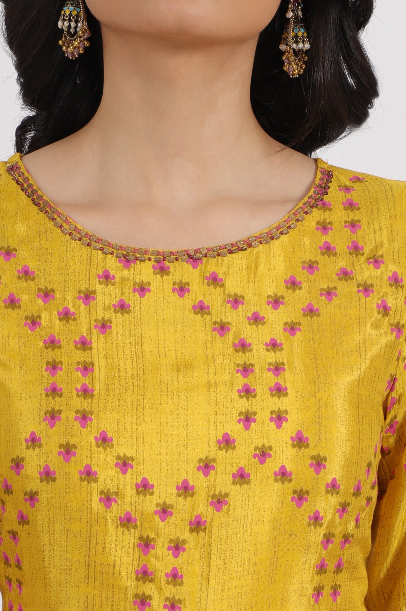 Marigold Yellow Floral Printed Straight Shantung Kurta and Pants Set