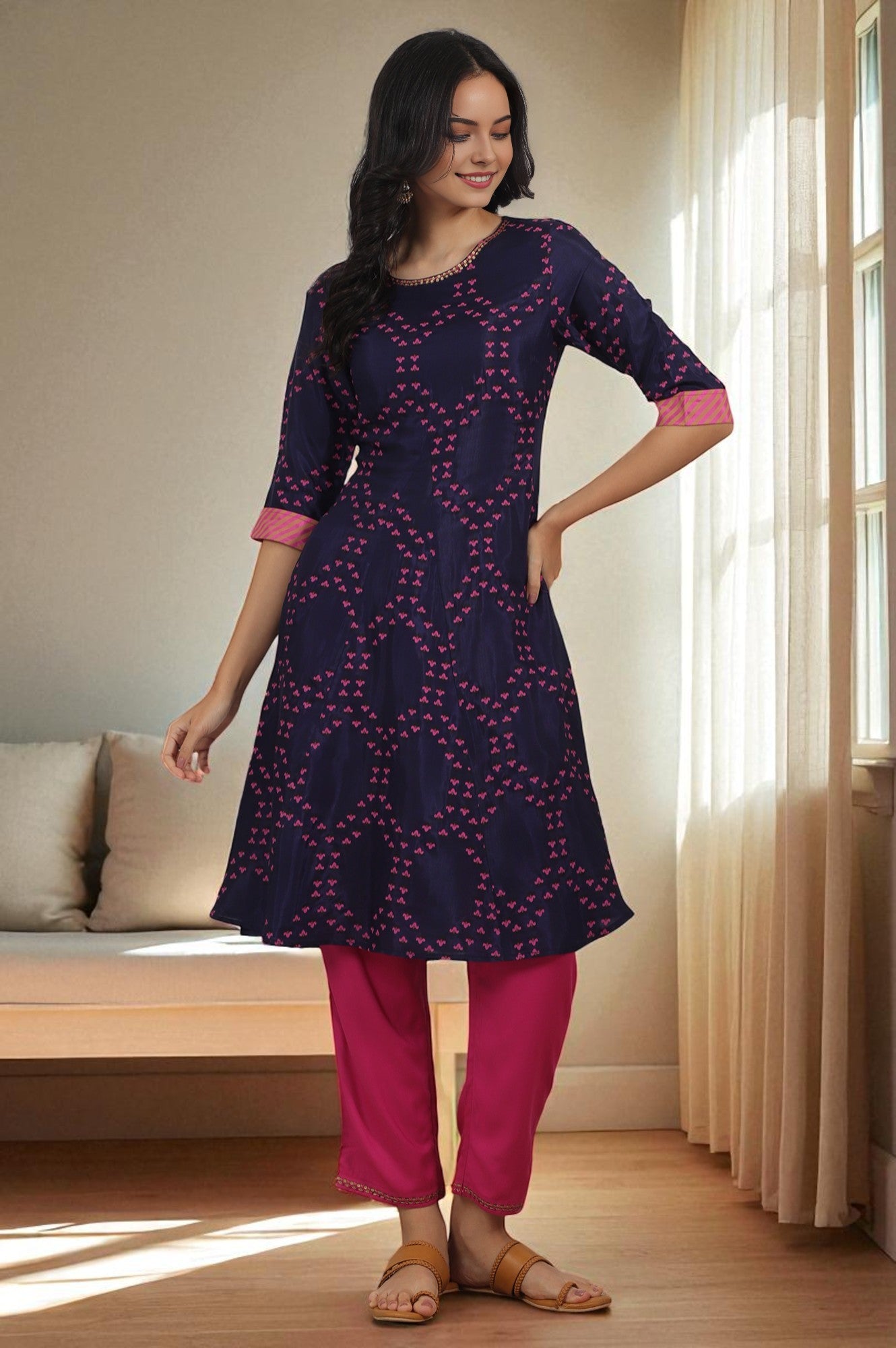 Blue Floral Printed Straight Shantung Kurta and Pants Set