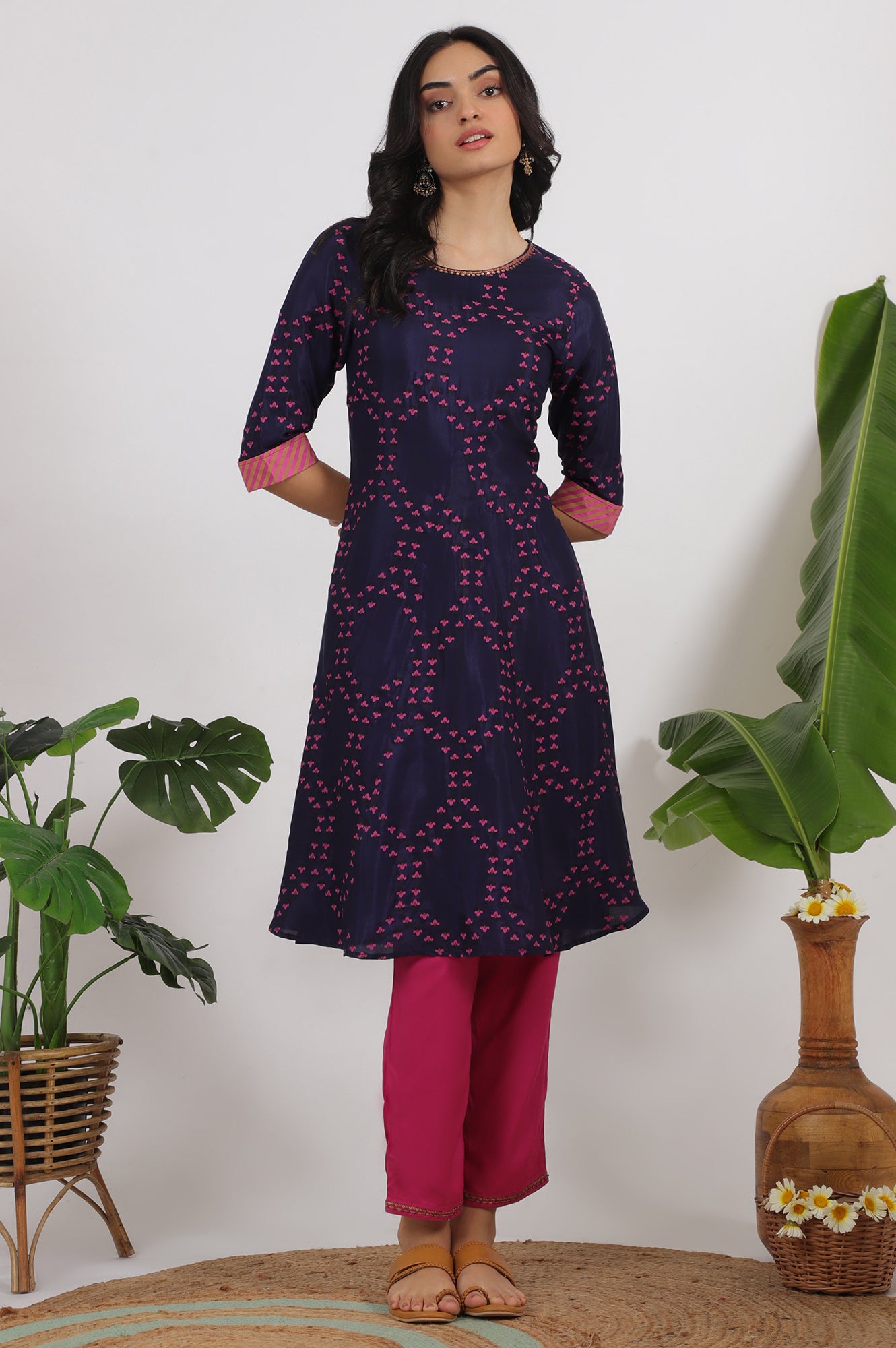 Blue Floral Printed Straight Shantung Kurta and Pants Set