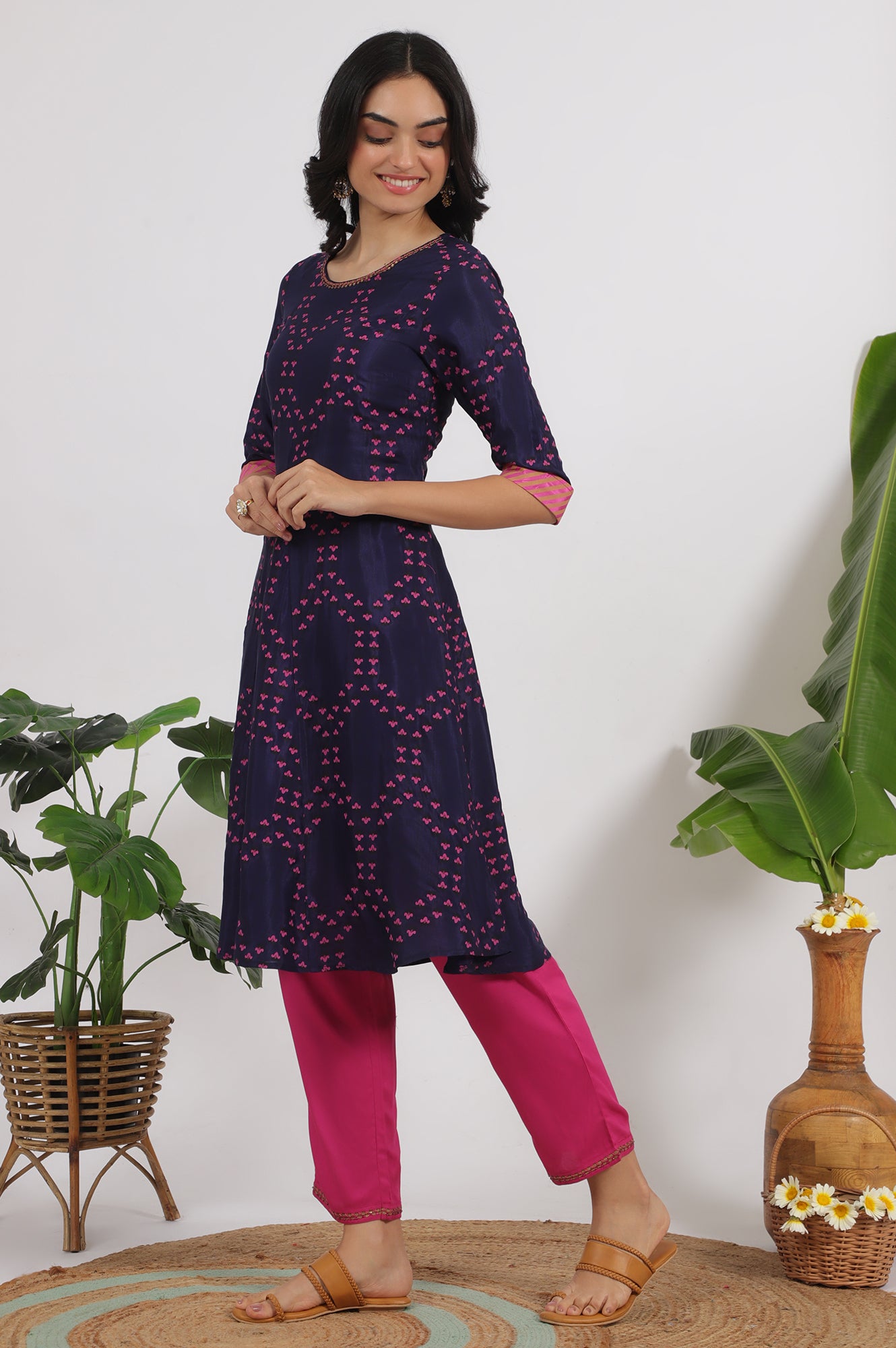 Blue Floral Printed Straight Shantung Kurta and Pants Set