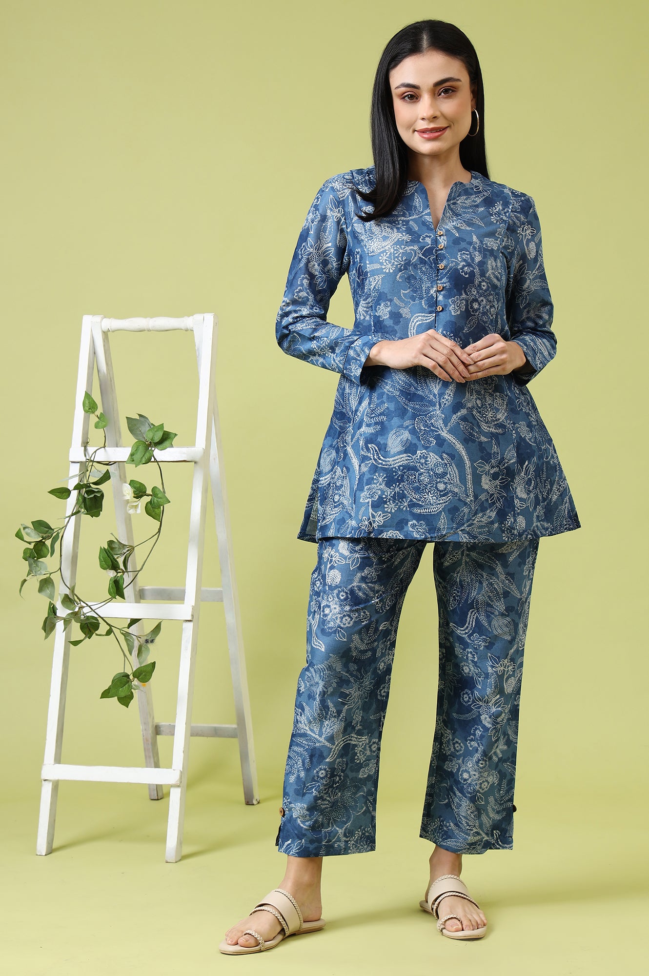Blue Floral Printed Pure Cotton Tunic and Pants Co-ord Set