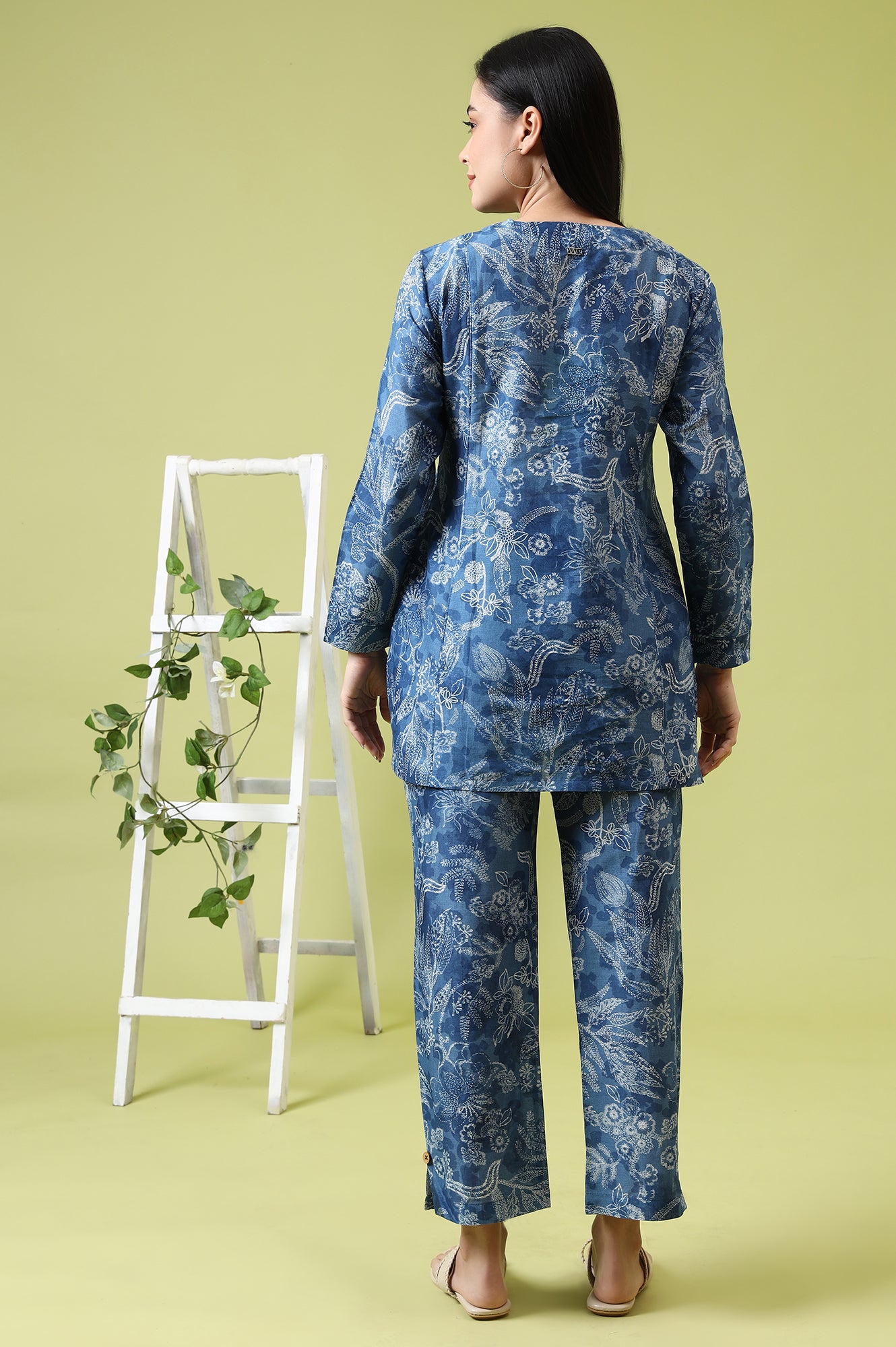Blue Floral Printed Pure Cotton Tunic and Pants Co-ord Set