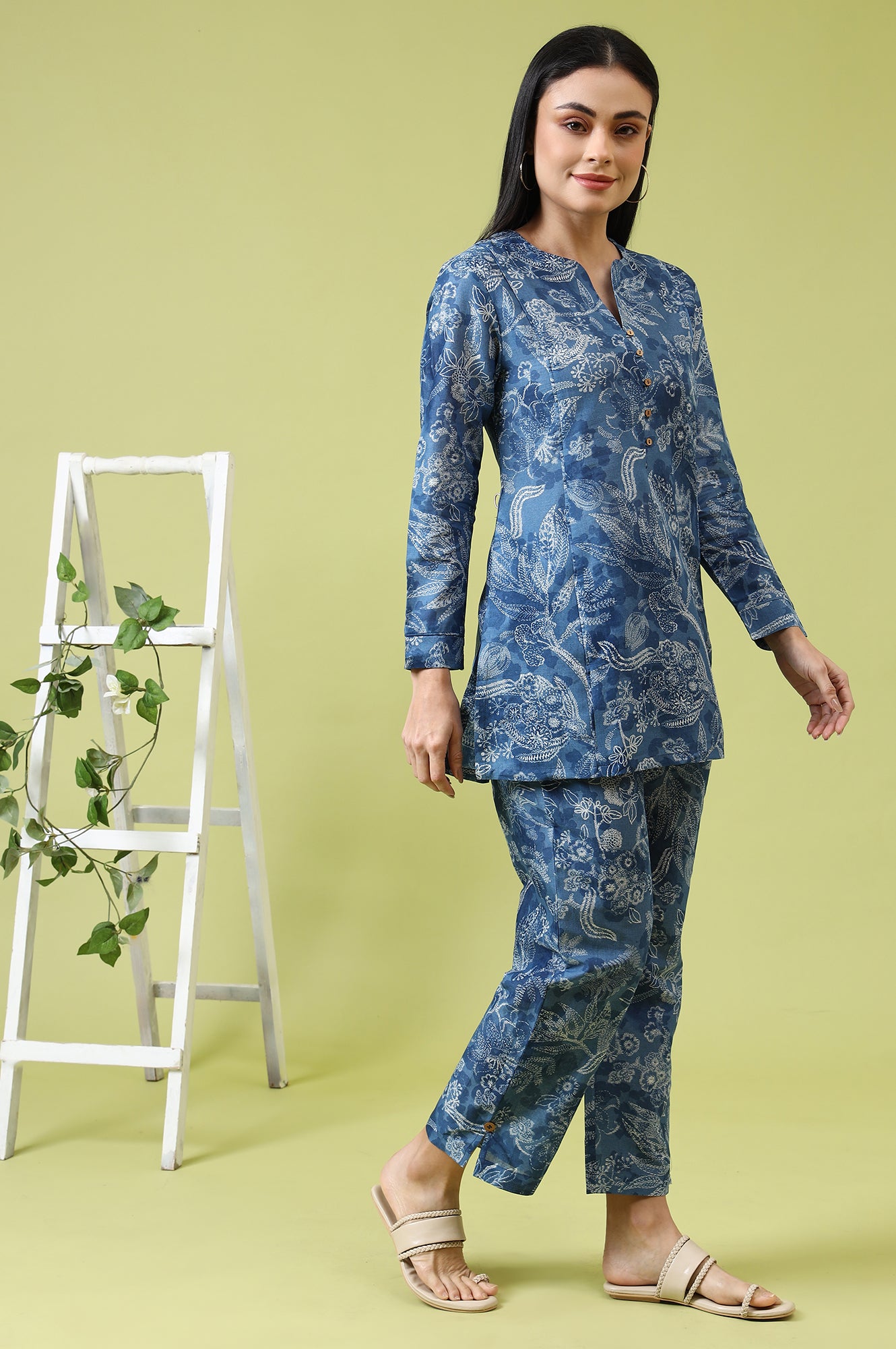 Blue Floral Printed Pure Cotton Tunic and Pants Co-ord Set