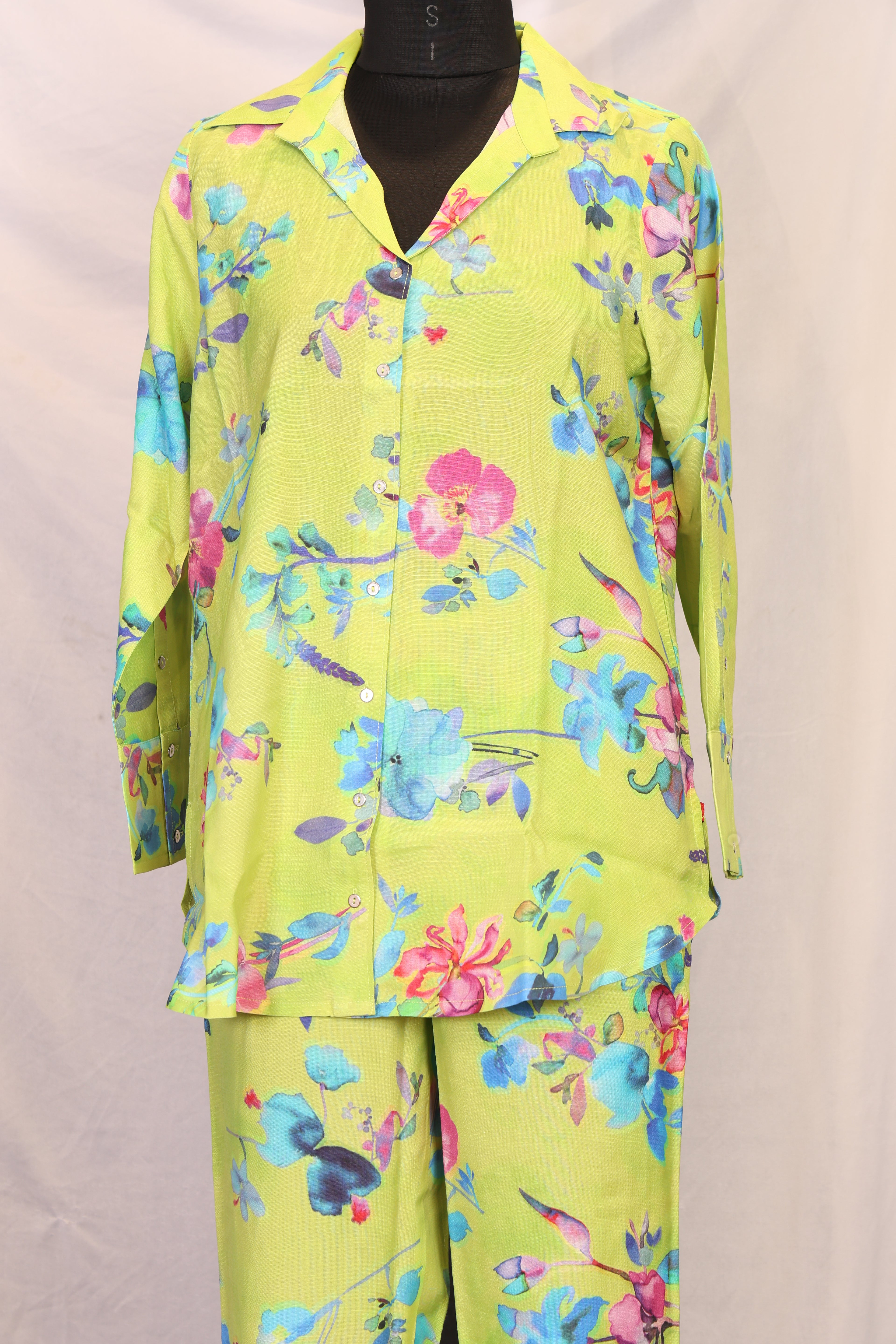 Lime Green Floral Printed Straight Shirt with Pants Co-ord Set