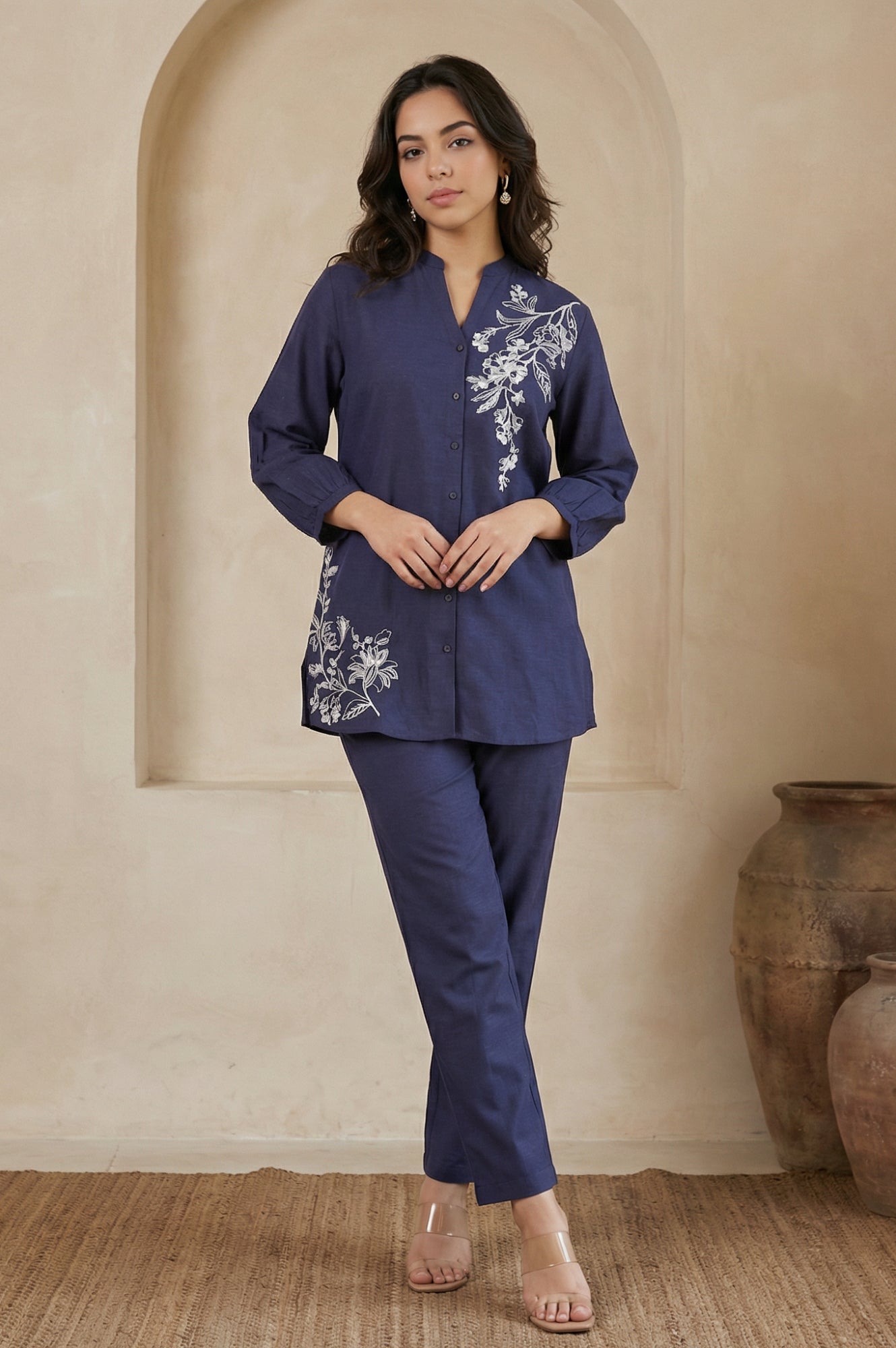 Navy Blue Embroidered Rayon Straight Shirt with Pants Co-ord Set