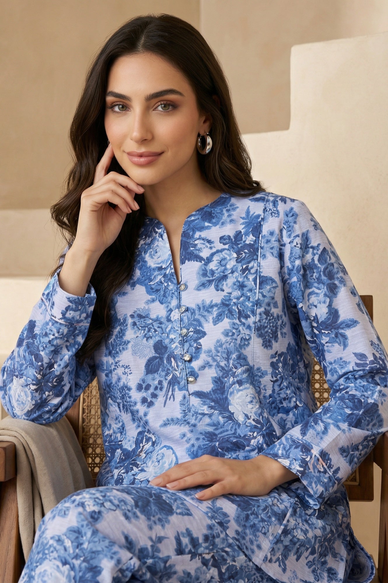Blue Floral Printed Pure Cotton Straight Tunic with Pants Co-ord Set