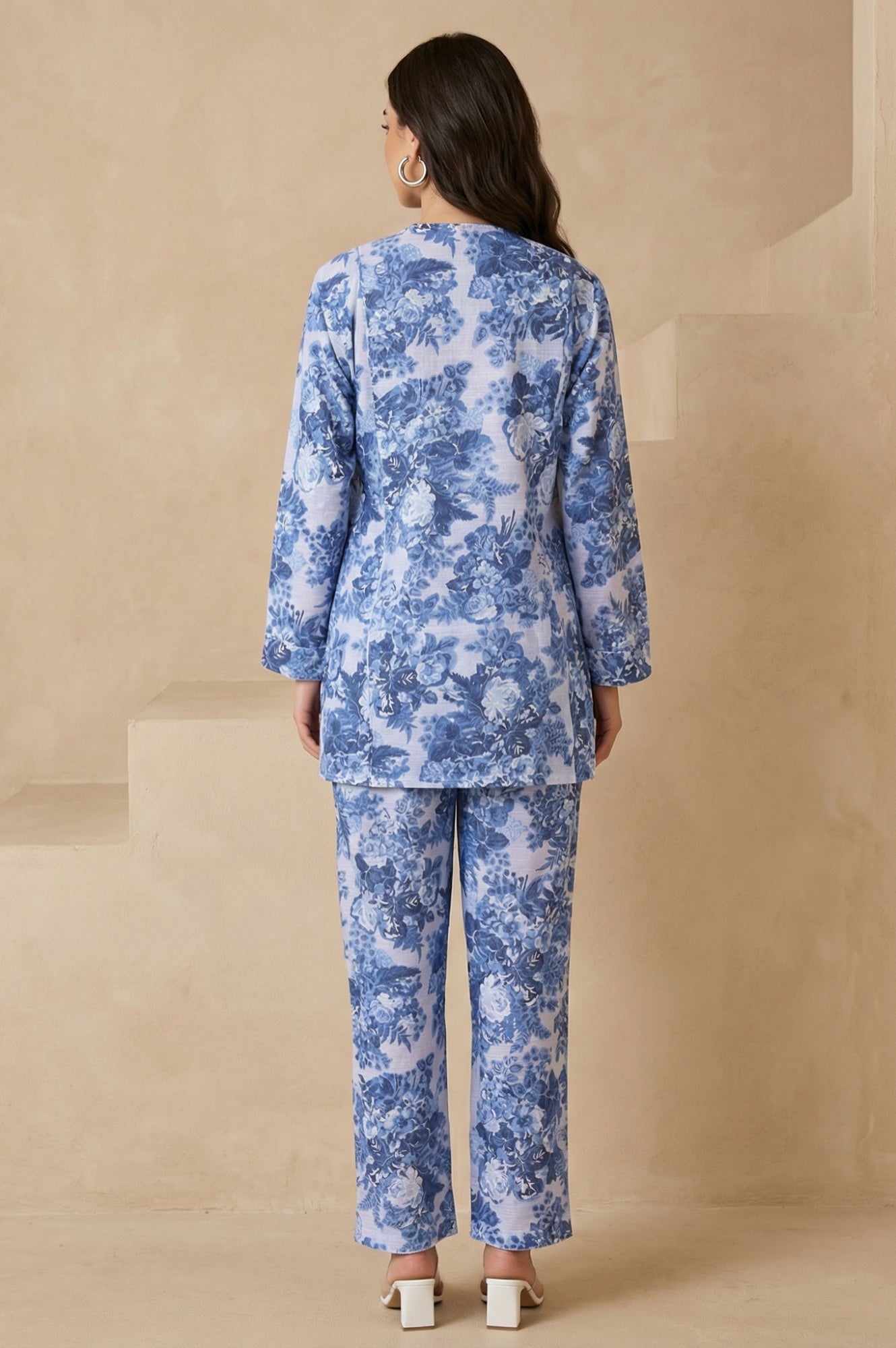 Blue Floral Printed Pure Cotton Straight Tunic with Pants Co-ord Set