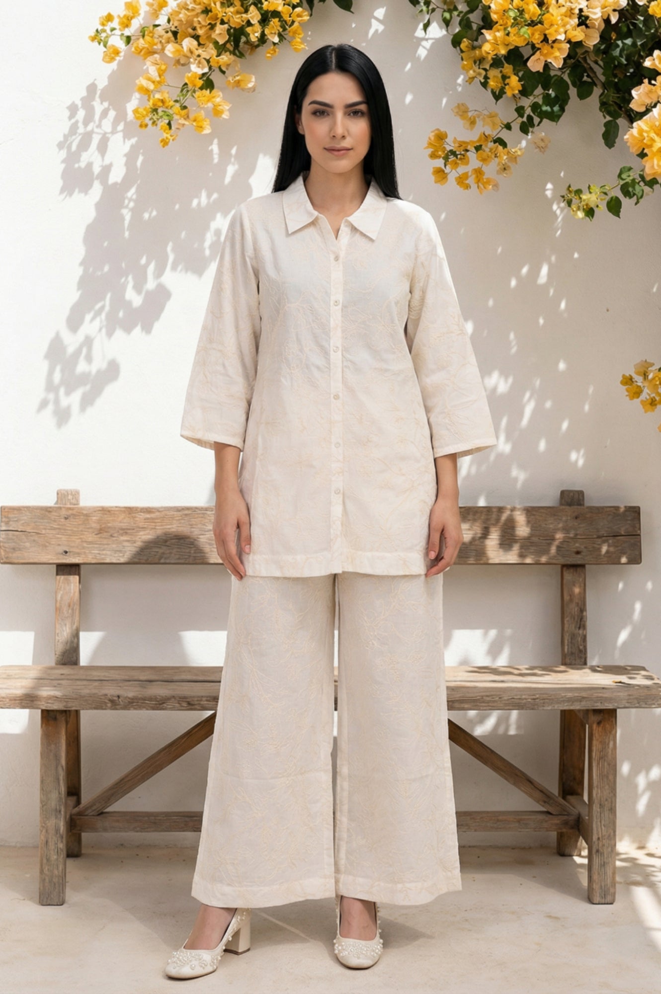 Off White Thread Embroidered Pure Cotton Straight Shirt and Parallel Pants Co-ord Set