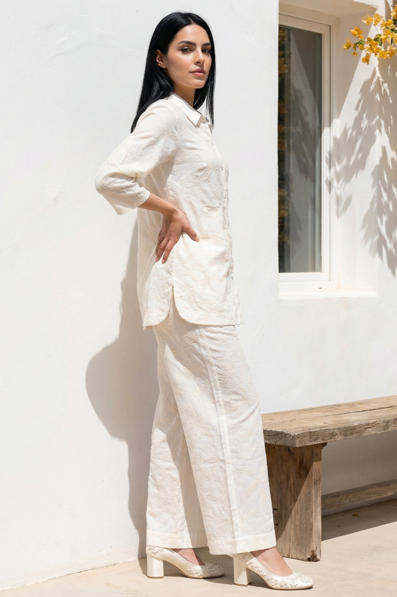 Off White Thread Embroidered Pure Cotton Straight Shirt and Parallel Pants Co-ord Set