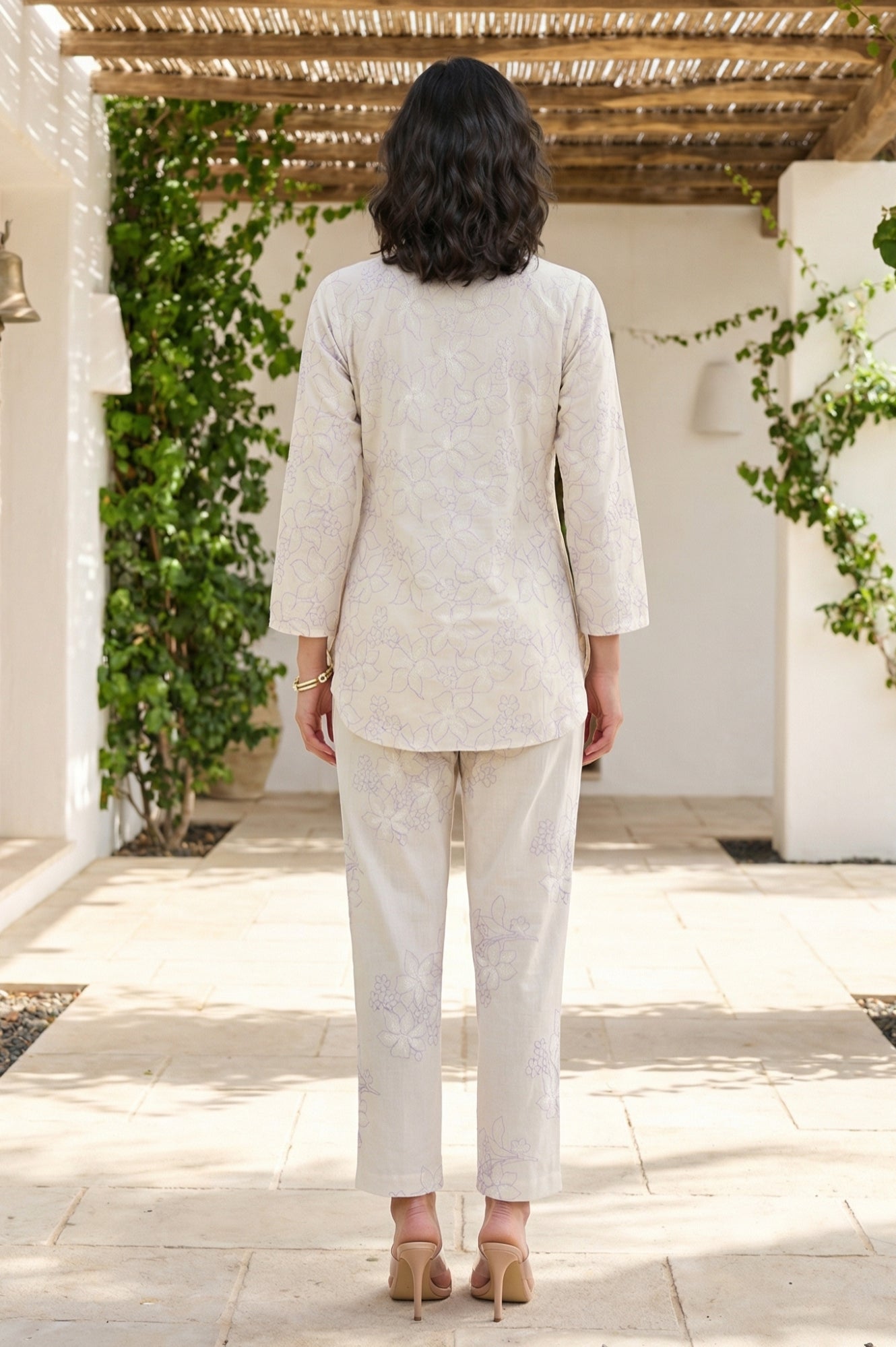 Off White Floral Printed Embroidered Pure Cotton Straight Top and Pants Co-ord Set