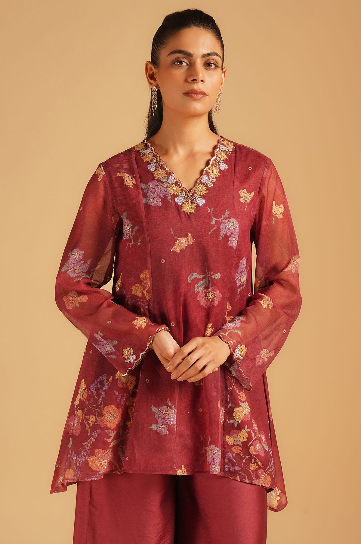 Maroon Floral Printed Silver Chiffon Top with Embroidered Neckline & Parallel Pants Set