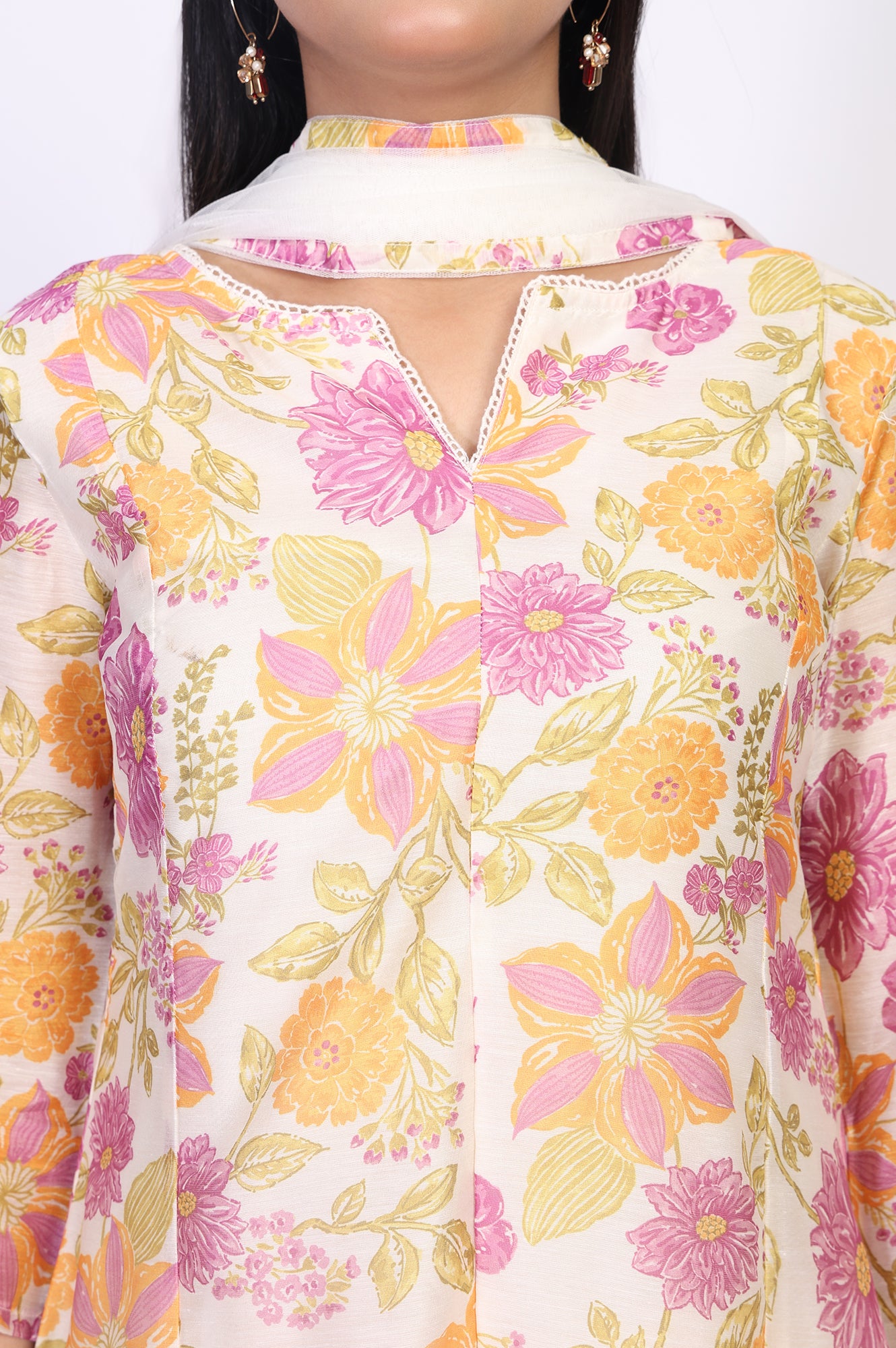 Off-White Floral Printed A-Line Kurta with Parallel Pant and Dupatta Set