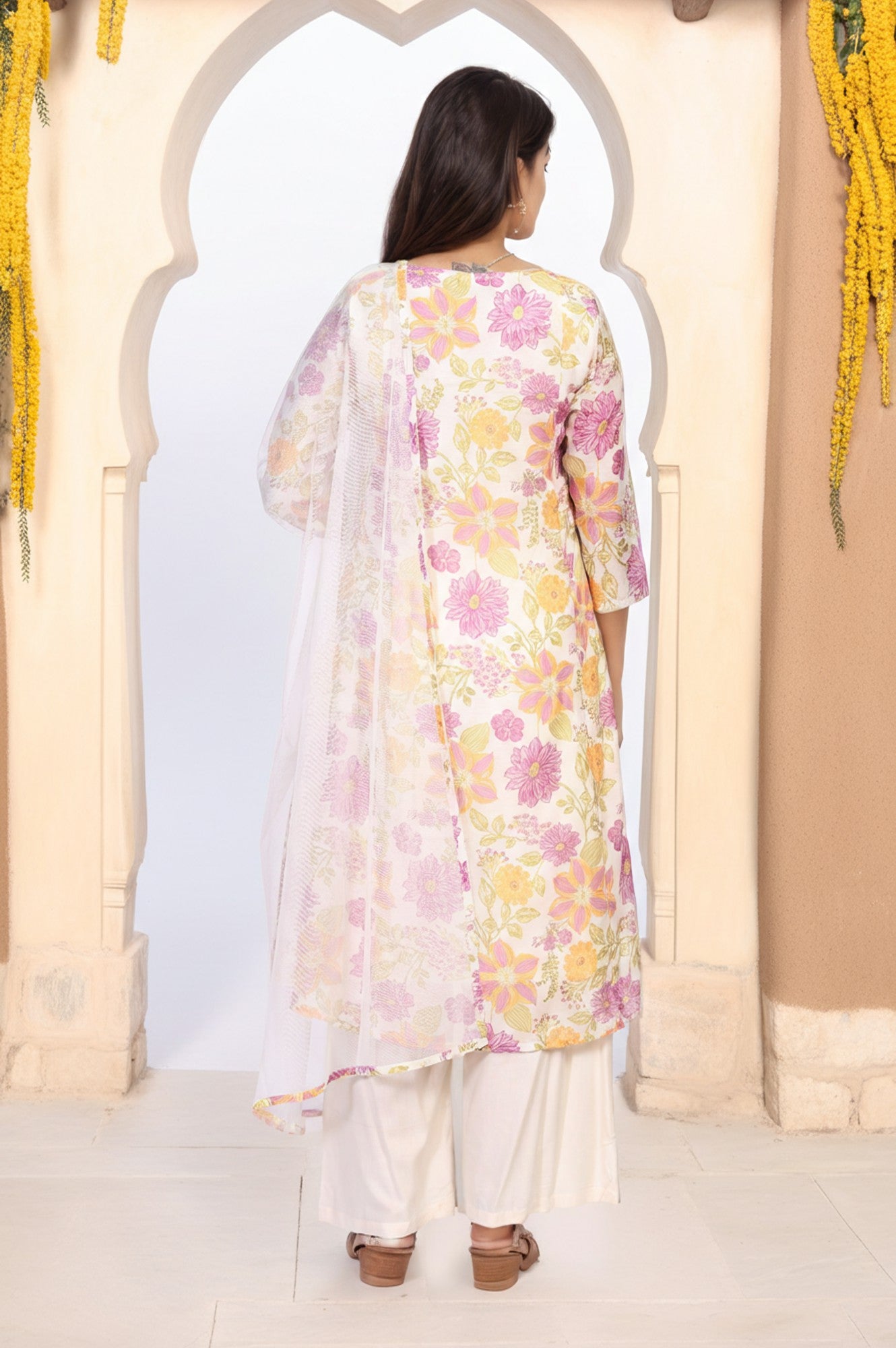 Off-White Floral Printed A-Line Kurta with Parallel Pant and Dupatta Set
