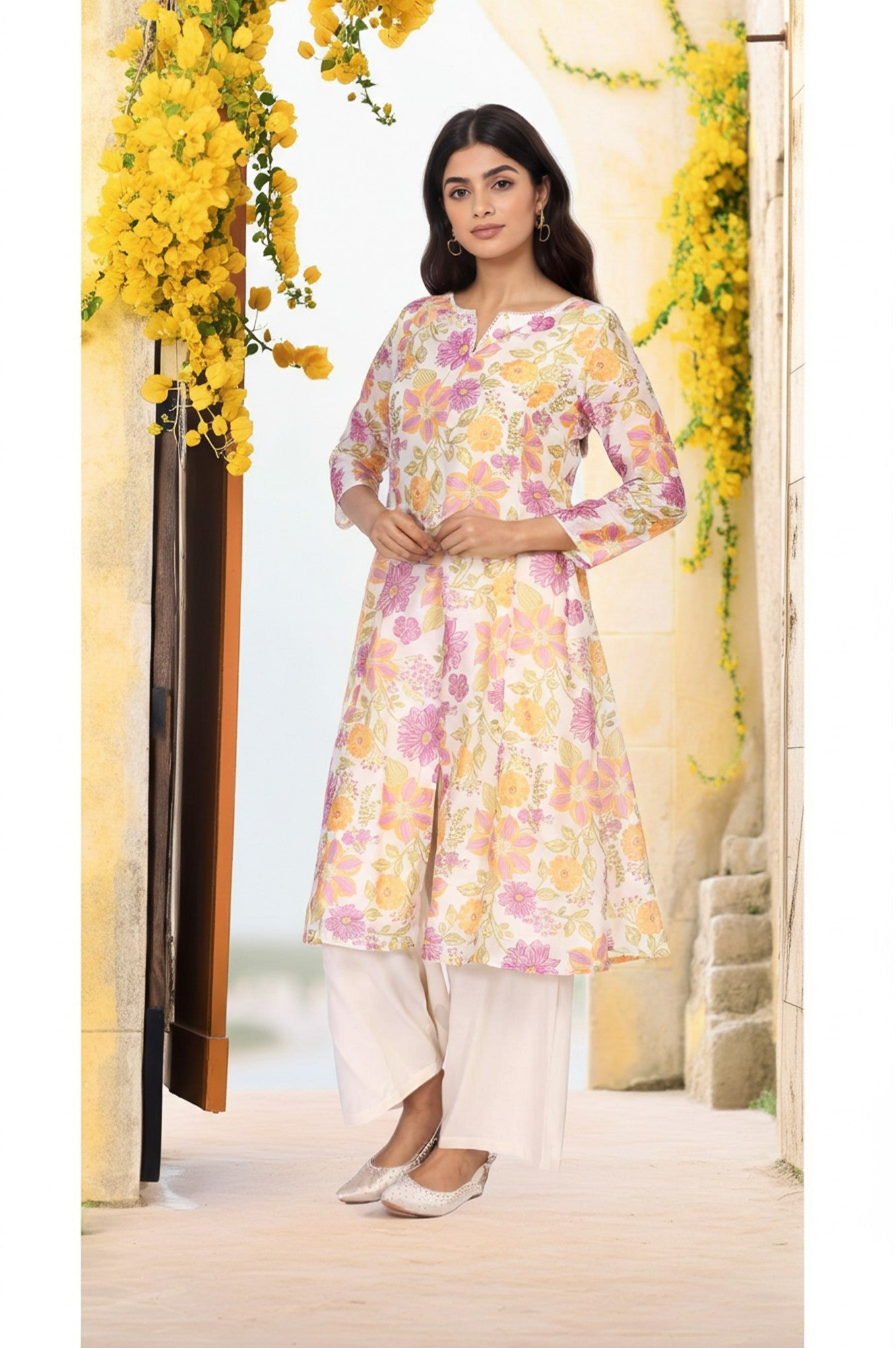 Off-White Floral Printed A-Line Kurta with Parallel Pant and Dupatta Set