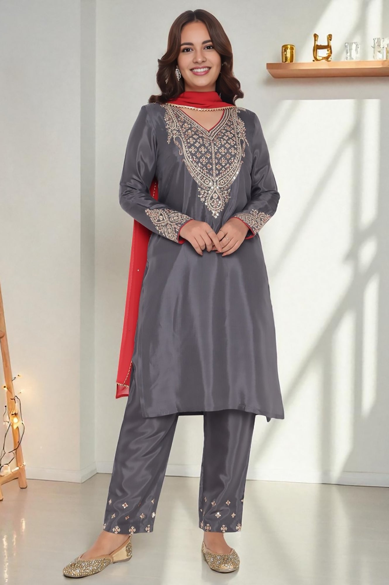 Grey Solid Printed Shantung Straight Kurta, Straight Pant and Dupatta Set