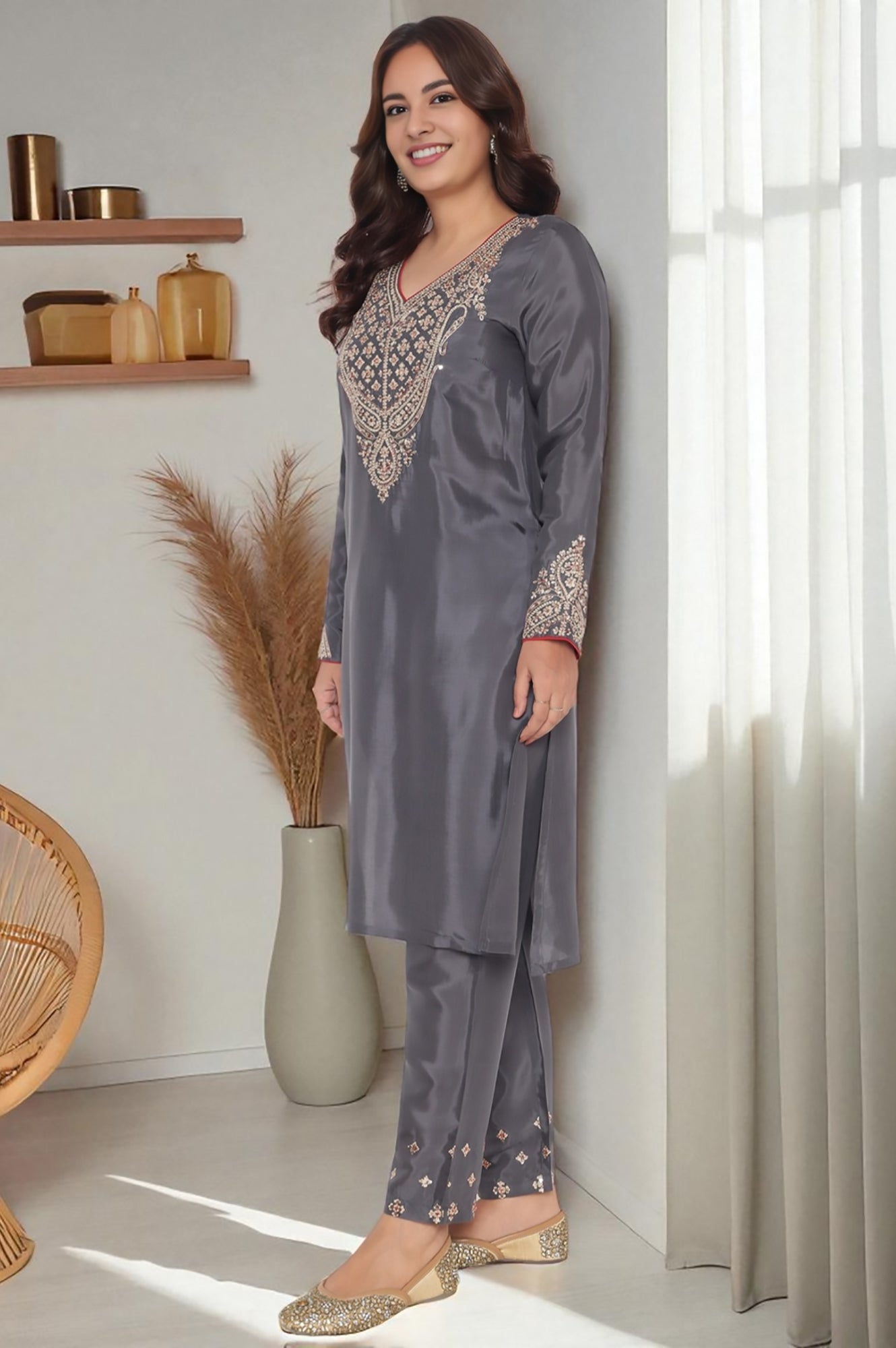 Grey Solid Printed Shantung Straight Kurta, Straight Pant and Dupatta Set