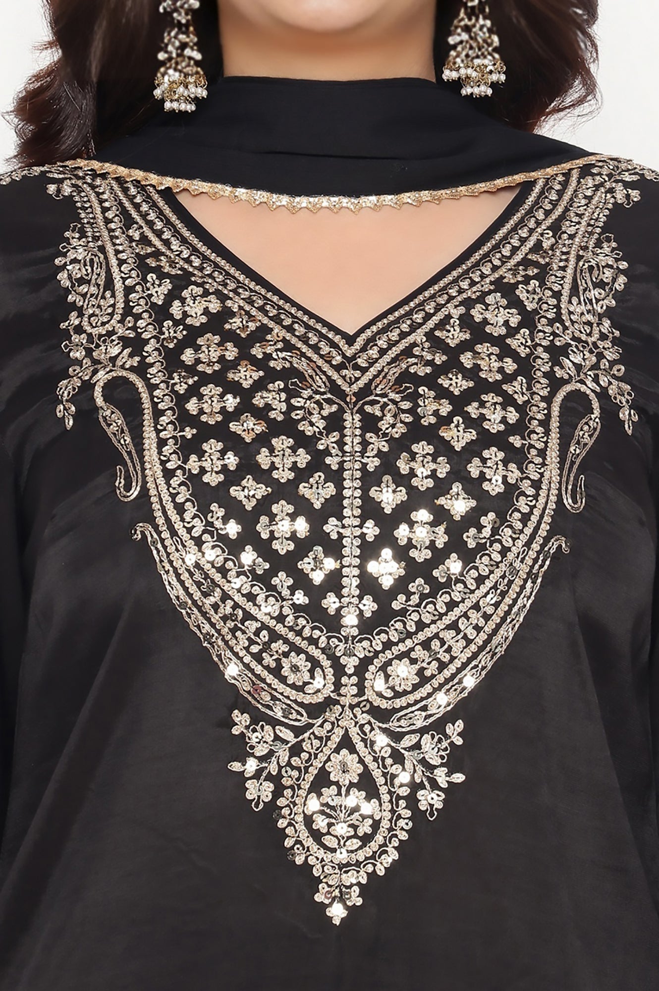 Black Solid Printed Shantung Straight Kurta, Straight Pant and Dupatta Set