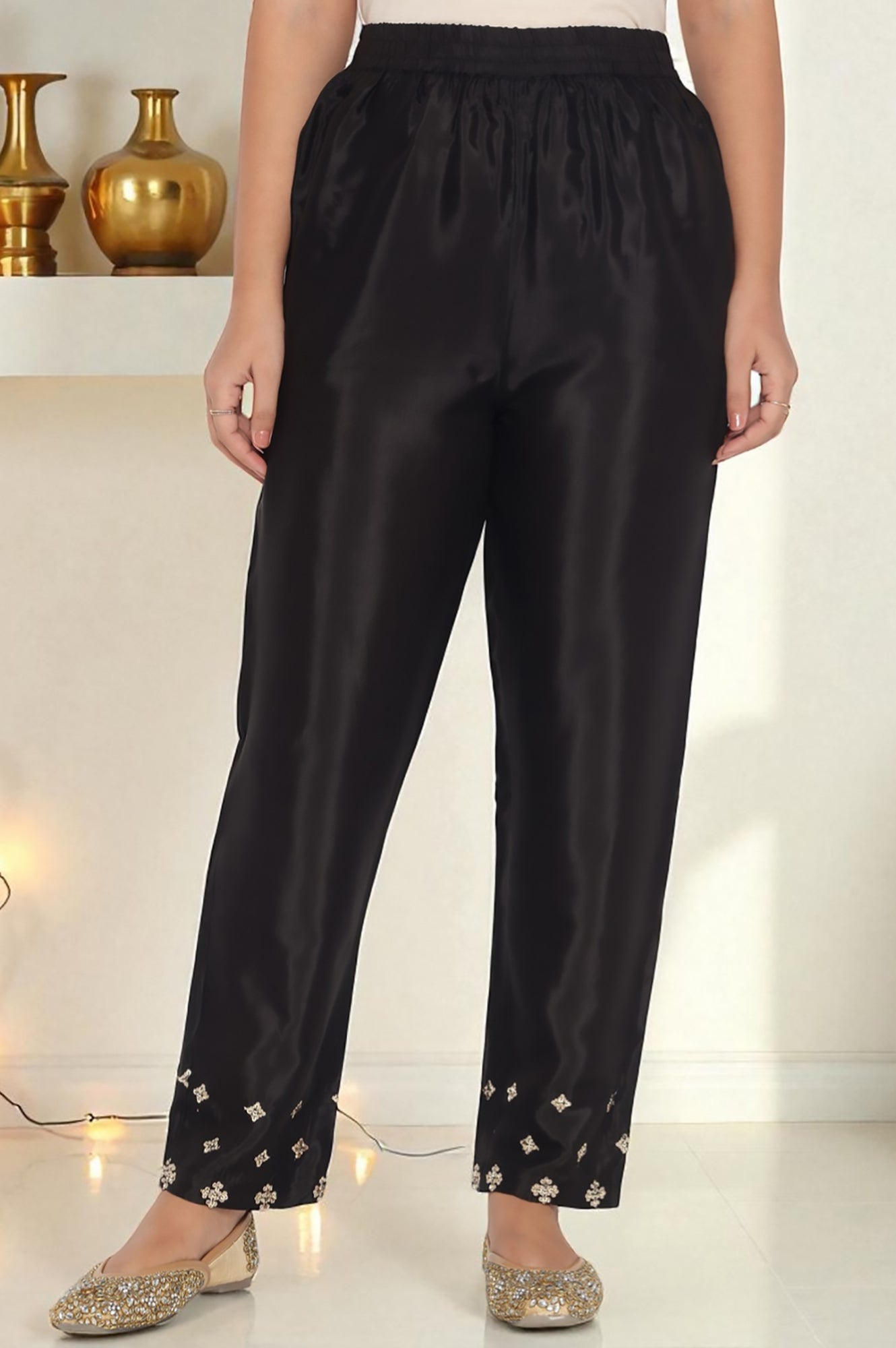 Black Solid Printed Shantung Straight Kurta, Straight Pant and Dupatta Set