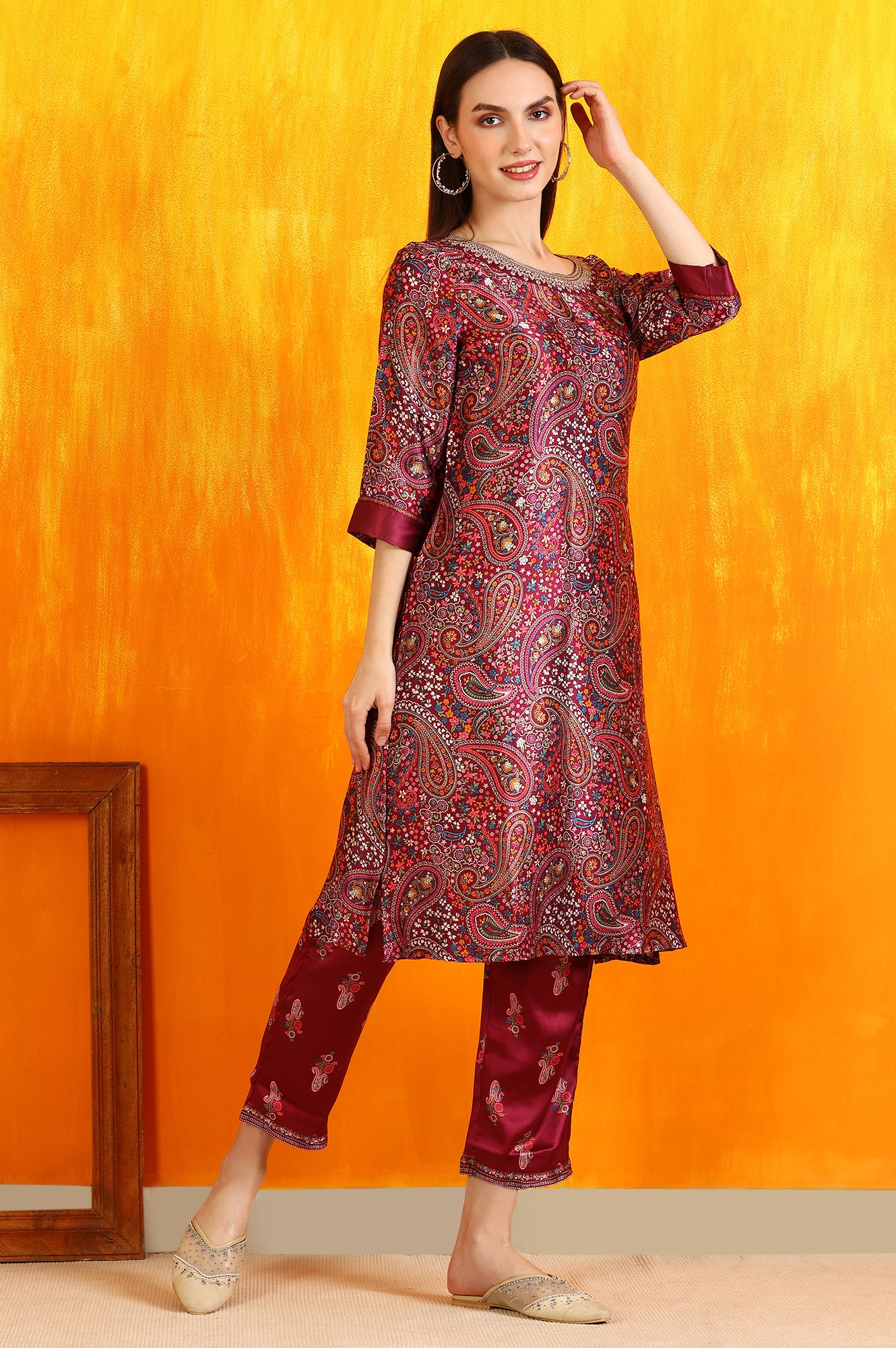 Wine Paisley Printed Japanese Satin Embroidered Kurta and Straight Pants Co-ord Set