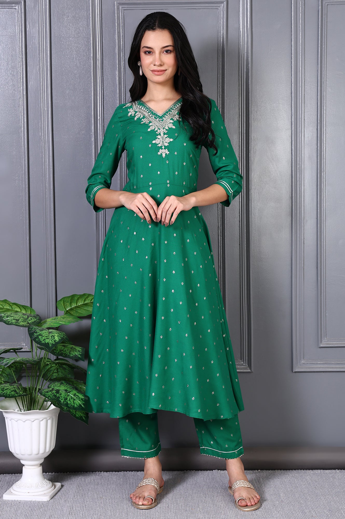 Green Embroidered Glitter Printed Rayon Flared Kurta and Pants Set