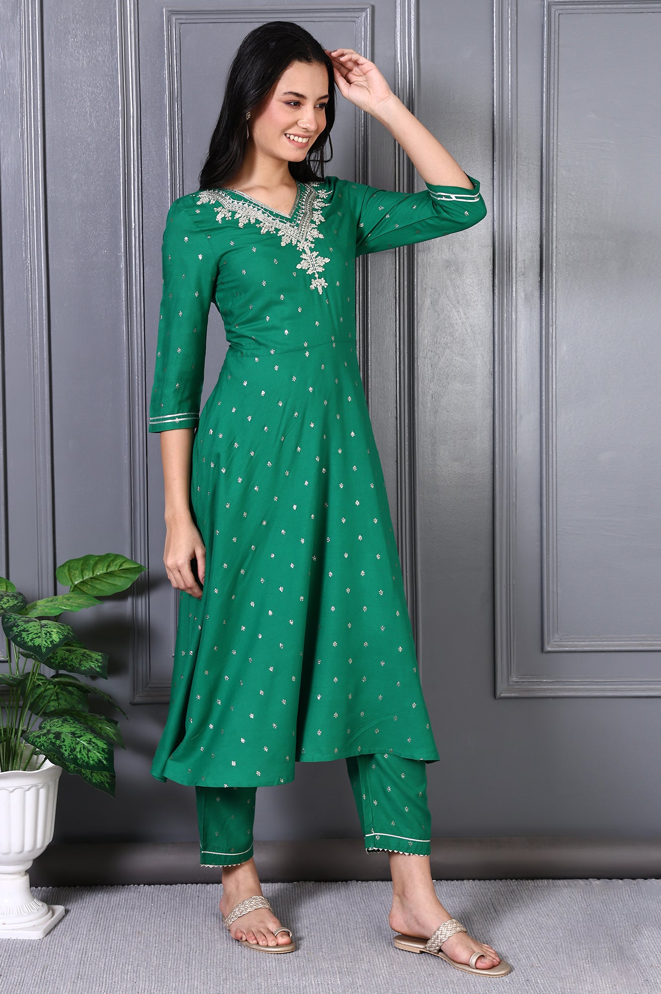 Green Embroidered Glitter Printed Rayon Flared Kurta and Pants Set