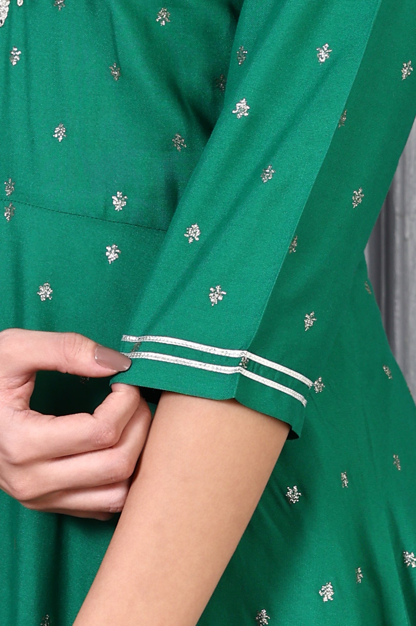 Green Embroidered Glitter Printed Rayon Flared Kurta and Pants Set