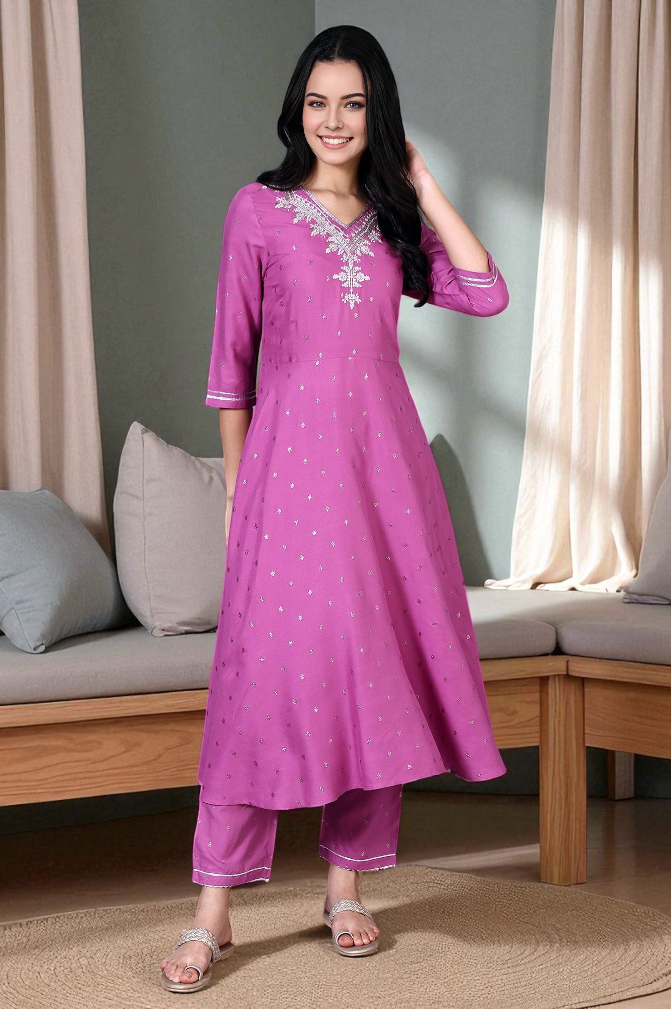 Purple Embroidered Glitter Printed Rayon Flared Kurta and Pants Set