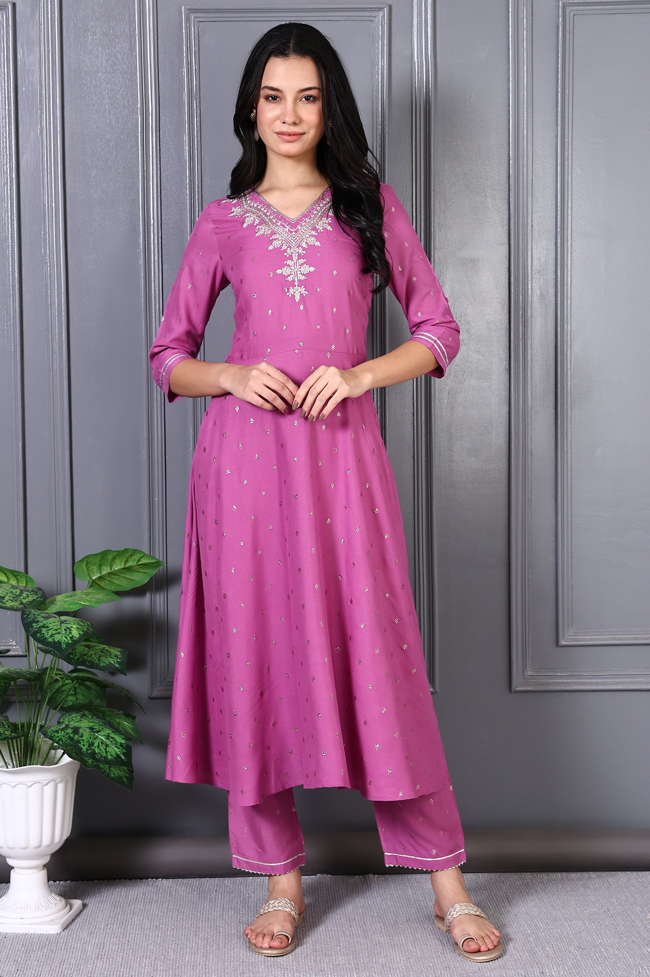 Purple Embroidered Glitter Printed Rayon Flared Kurta and Pants Set