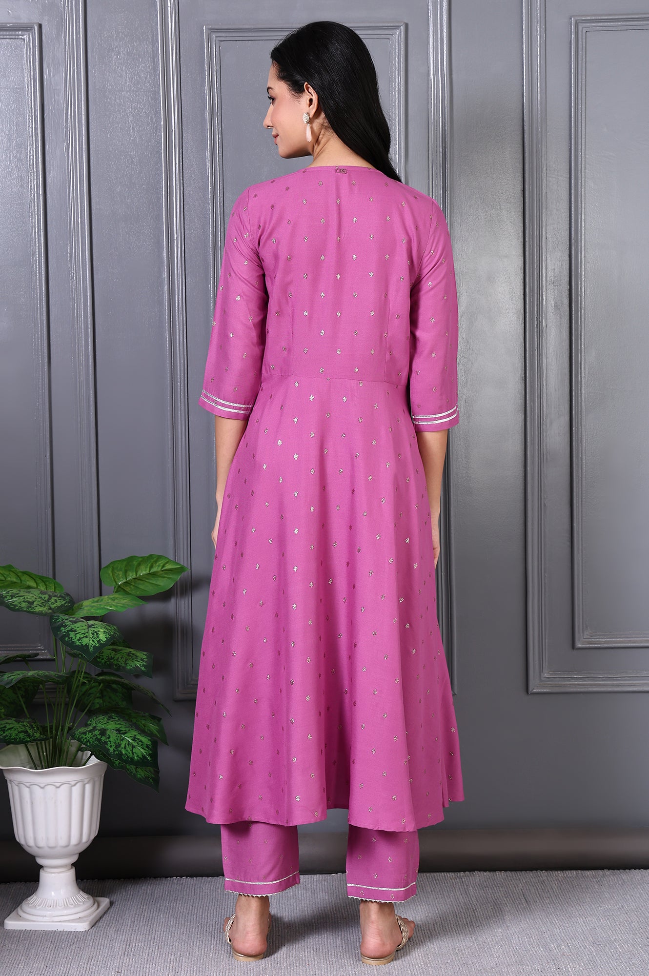 Purple Embroidered Glitter Printed Rayon Flared Kurta and Pants Set