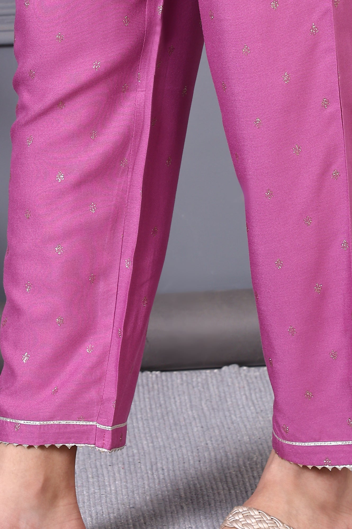 Purple Embroidered Glitter Printed Rayon Flared Kurta and Pants Set