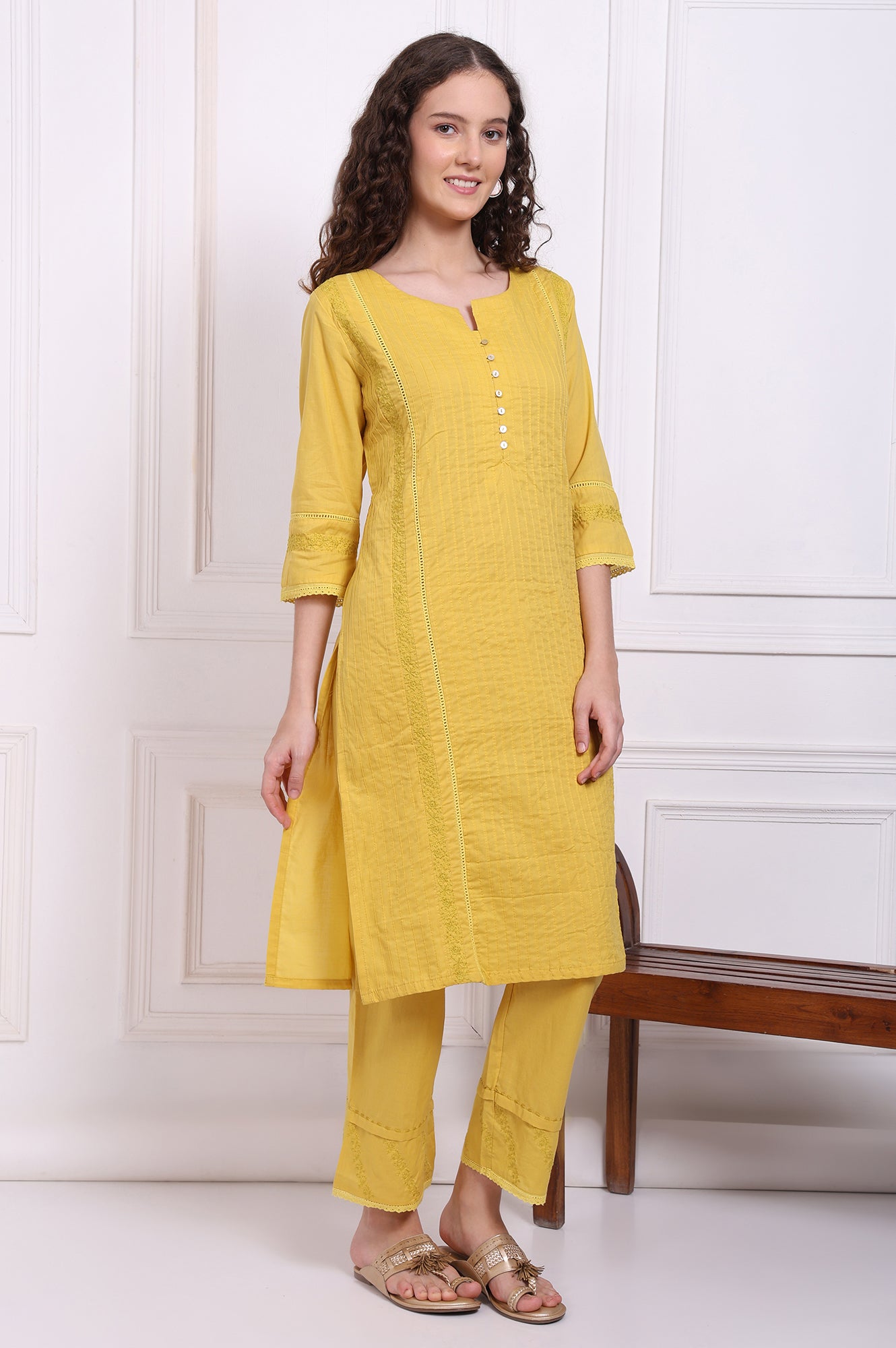Yellow Embroidered Pure Cotton Straight Kurta and Pants Co-ord Set